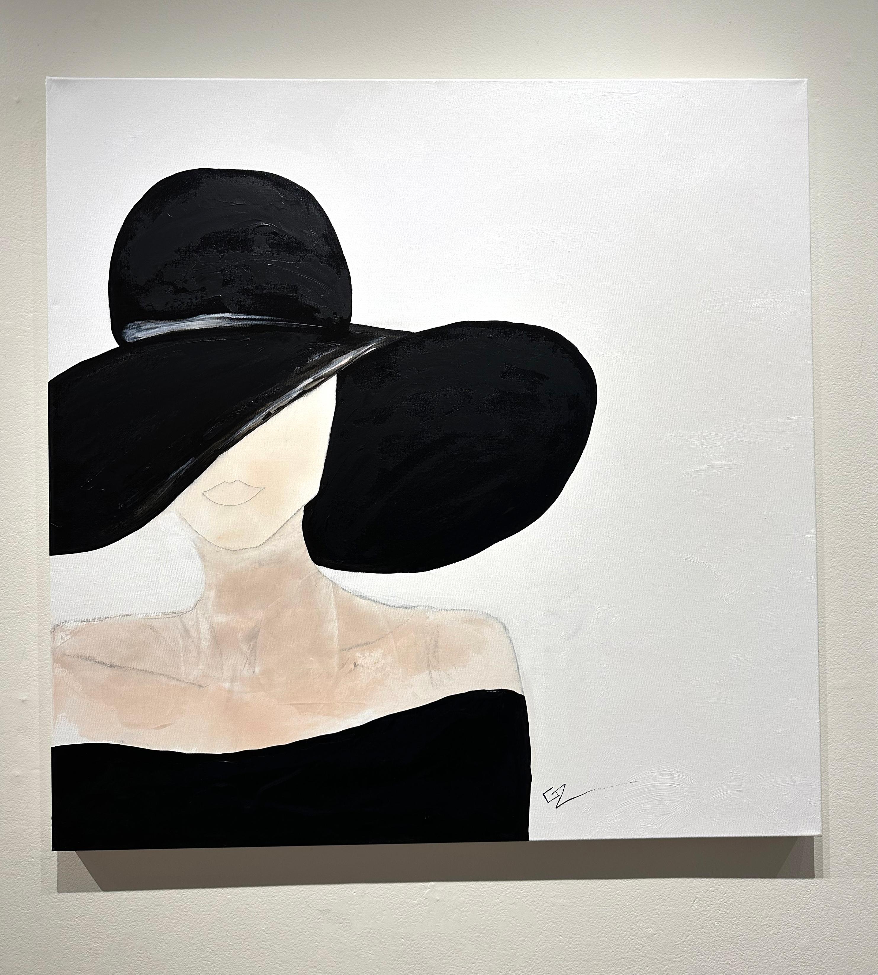 Gary Zack, „Classic Black and White“, Frauenporträt mit Hut, Ölgemälde 36x36, Gary Zack im Angebot 1