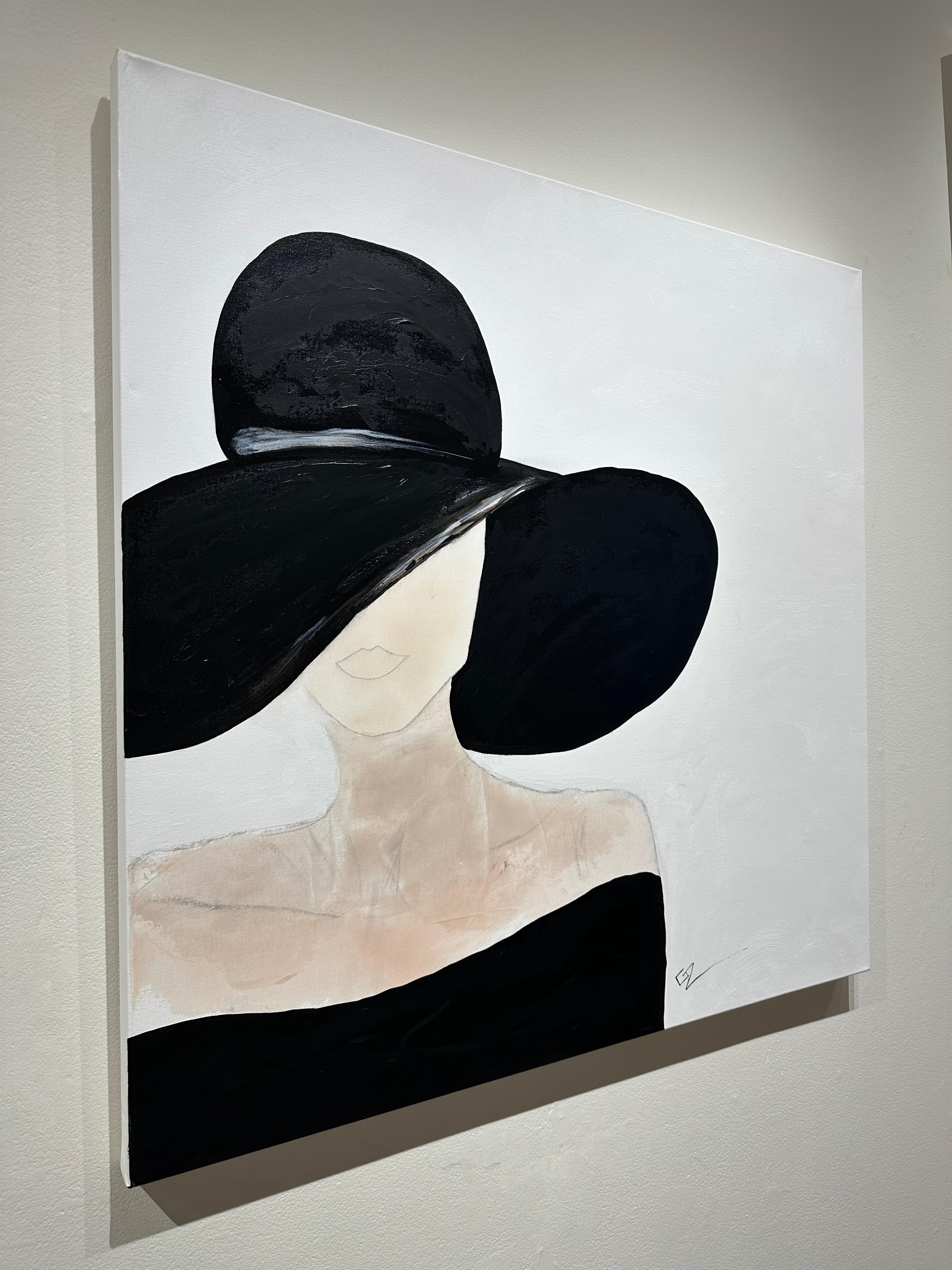 Gary Zack, „Classic Black and White“, Frauenporträt mit Hut, Ölgemälde 36x36, Gary Zack im Angebot 3