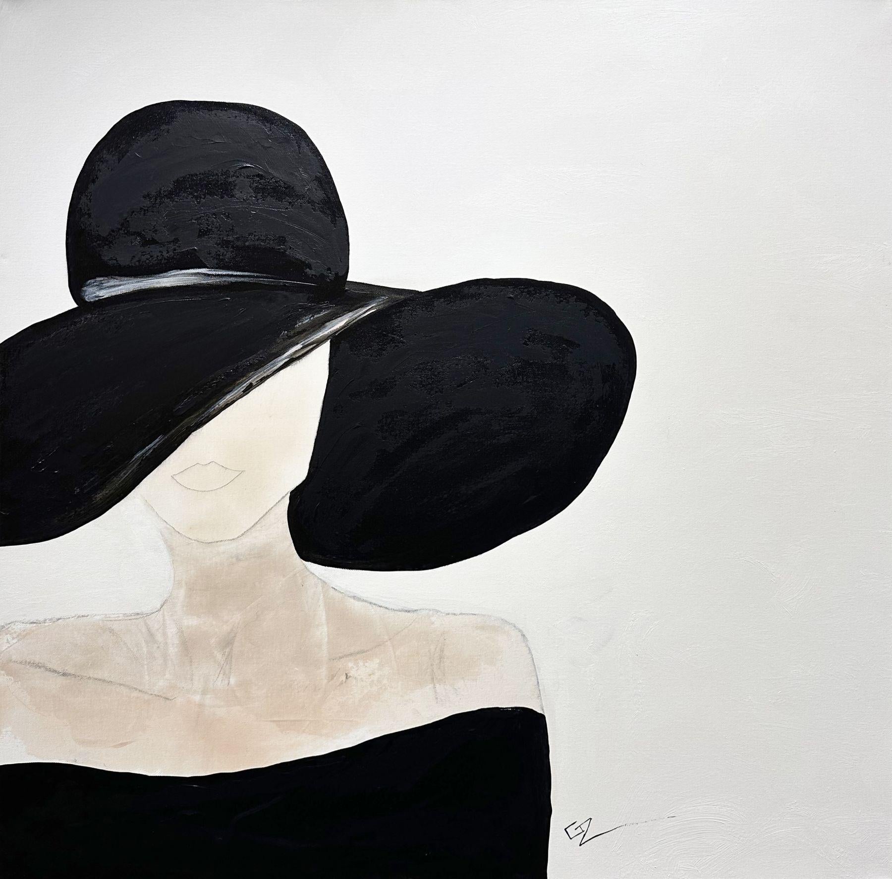 Gary Zack, „Classic Black and White“, Frauenporträt mit Hut, Ölgemälde 36x36, Gary Zack