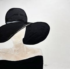 Gary Zack, "Classic Black and White", portrait de femme avec chapeau, peinture à l'huile 36x36