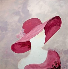 Gary Zack, "Classic Deep Rose", Woman Portrait with Pink Hat Oil Painting 36x36