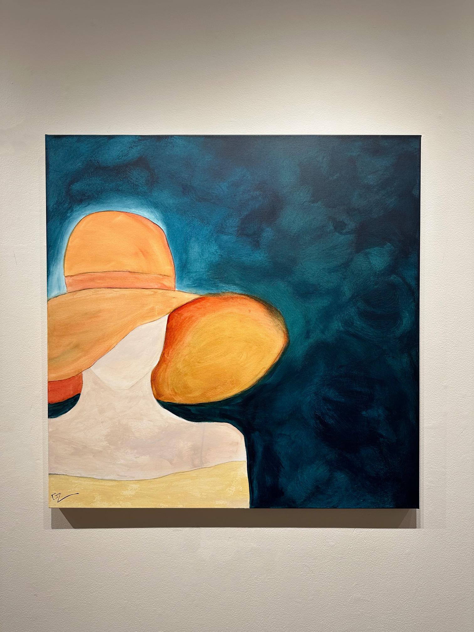 Gary Zack, „Classic Orange“, Frauenporträt mit orangefarbenem Hut, Ölgemälde 36x36 im Angebot 1