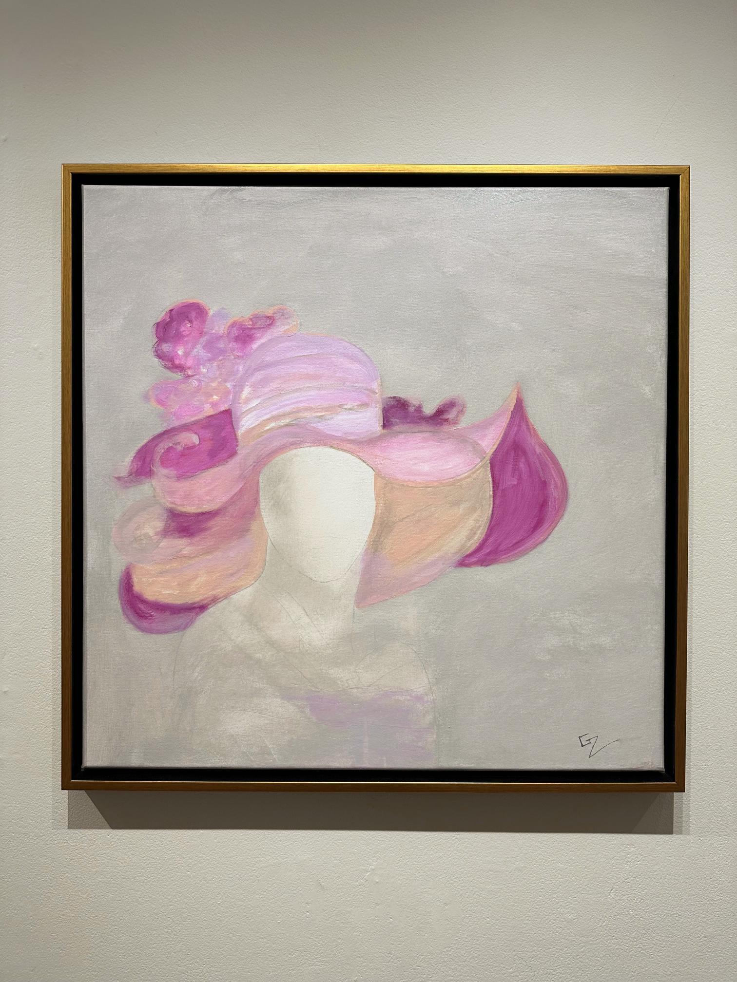 Gary Zack, „Pink Elegance“, Frau mit rosa Hut, Ölgemälde 30x30, Gary Zack im Angebot 1
