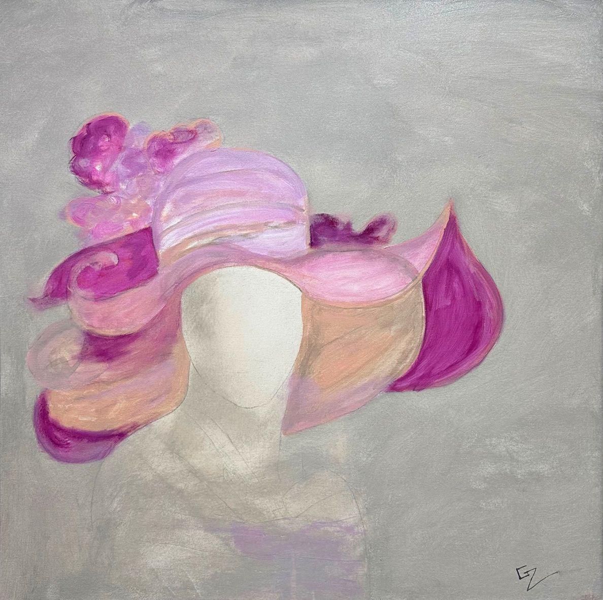 Dieses neutrale Werk "Pink Elegance" ist ein 30x30 Ölgemälde auf Leinwand des Künstlers Gary Zack, das eine Frau mit einem großkrempigen rosa Hut zeigt.  Der Mangel an Details in den Gesichtszügen sorgt für ein modernes Gefühl, und der graue