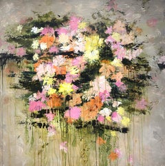 Gary Zack, "Pink Paradise", 36x36 Drippy Abstract Floral Bouquet Oil Painting