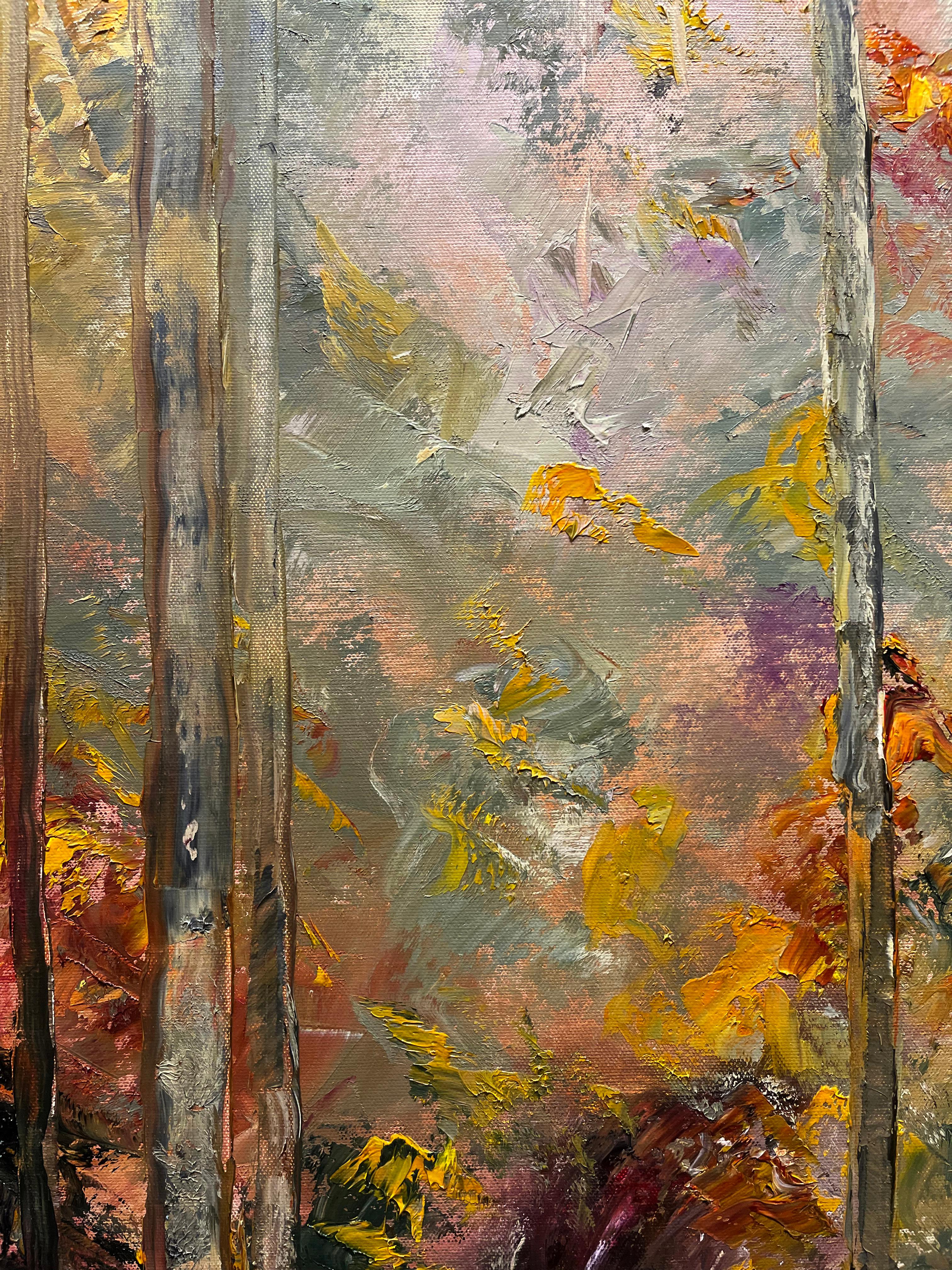 Gary Zack, „Fall“, 60x15 Atmosphärisches Ölgemälde eines jahreszeitlichen Baumes, Ölgemälde auf Leinwand im Angebot 1