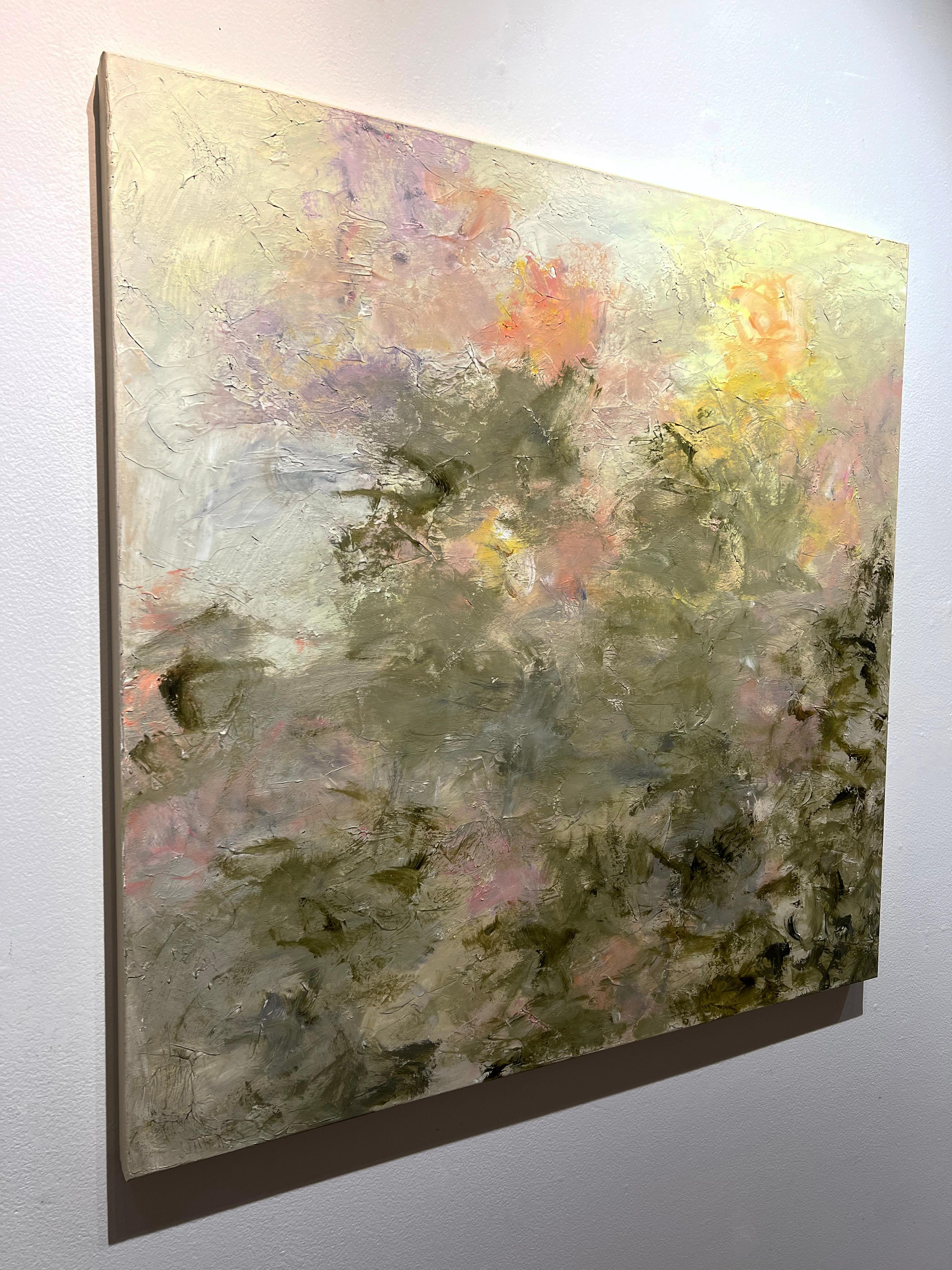 Gary Zack, „Golden Blush“, 36x36 Atmosphärisches rosa geblümtes Ölgemälde auf Leinwand (Impressionismus), Painting, von Gary Zack 