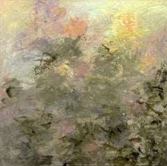 Gary Zack, "Golden Blush", dipinto a olio su tela 36x36 con fiori rosa d'atmosfera