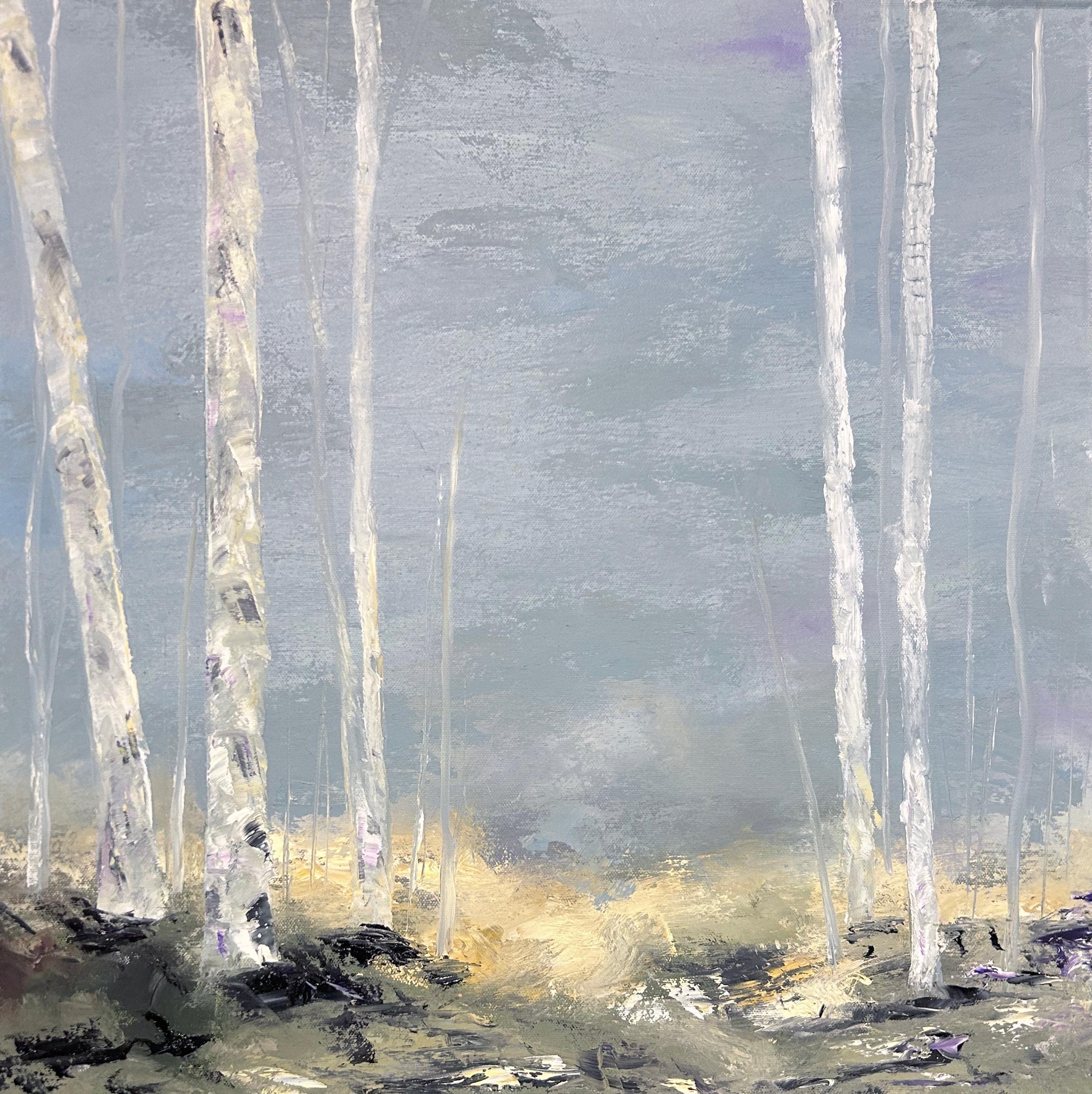 Landscape Painting Gary Zack  - Peinture à l'huile de Gary Zack, "Hibernal", 20x20, bleu atmosphérique d'arbre de bouleau saisonnier