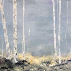 Gary Zack, "Hibernal", 20x20 Blue Atmospheric Seasonal Birch Tree Oil Painting