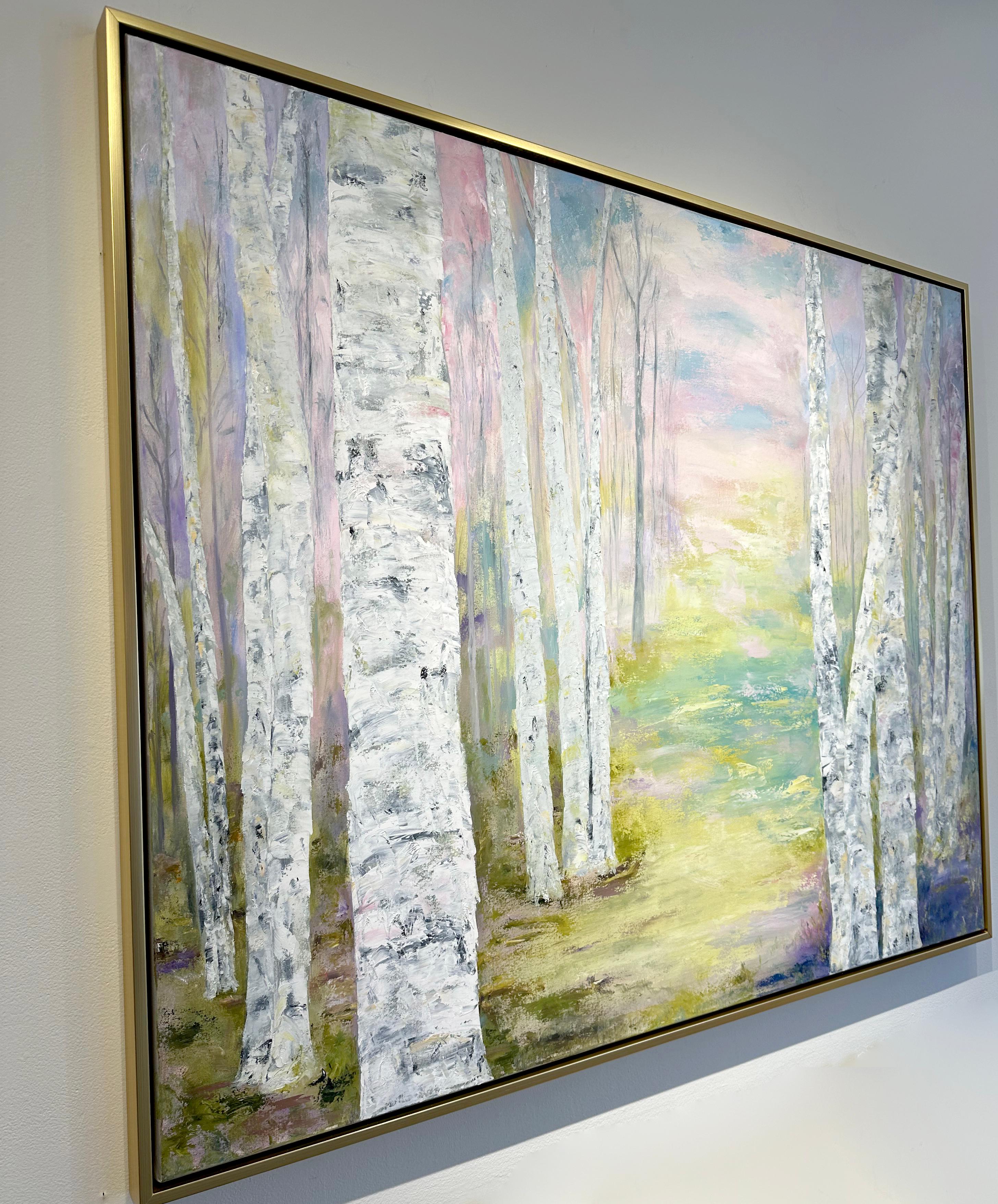 Gary Zack, „Rebirth“, farbenfrohe, pastellfarbene Birkenlandschaft auf Leinwand, 48x60 – Painting von Gary Zack 