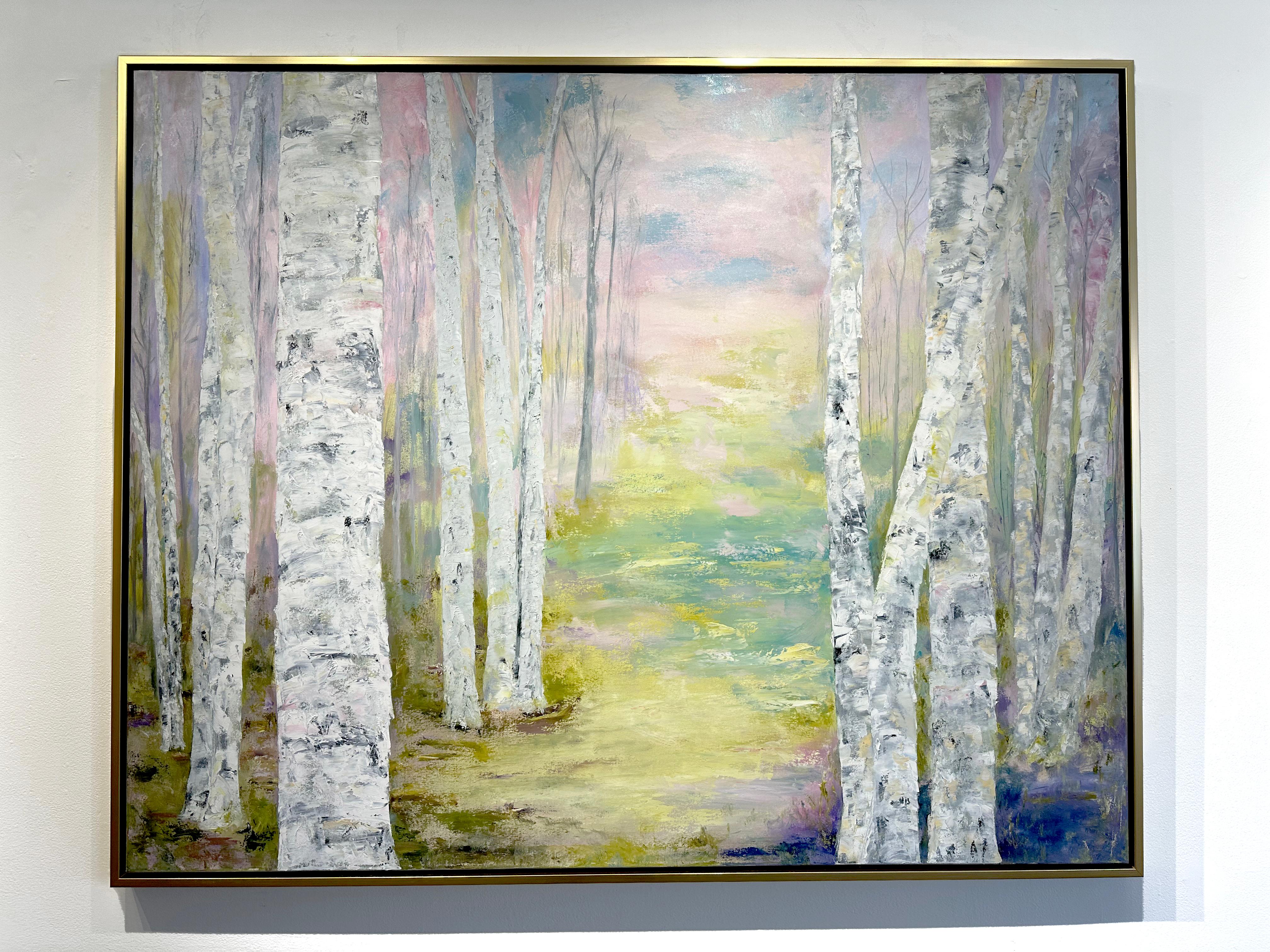 Gary Zack, „Rebirth“, farbenfrohe, pastellfarbene Birkenlandschaft auf Leinwand, 48x60 (Grau), Abstract Painting, von Gary Zack 