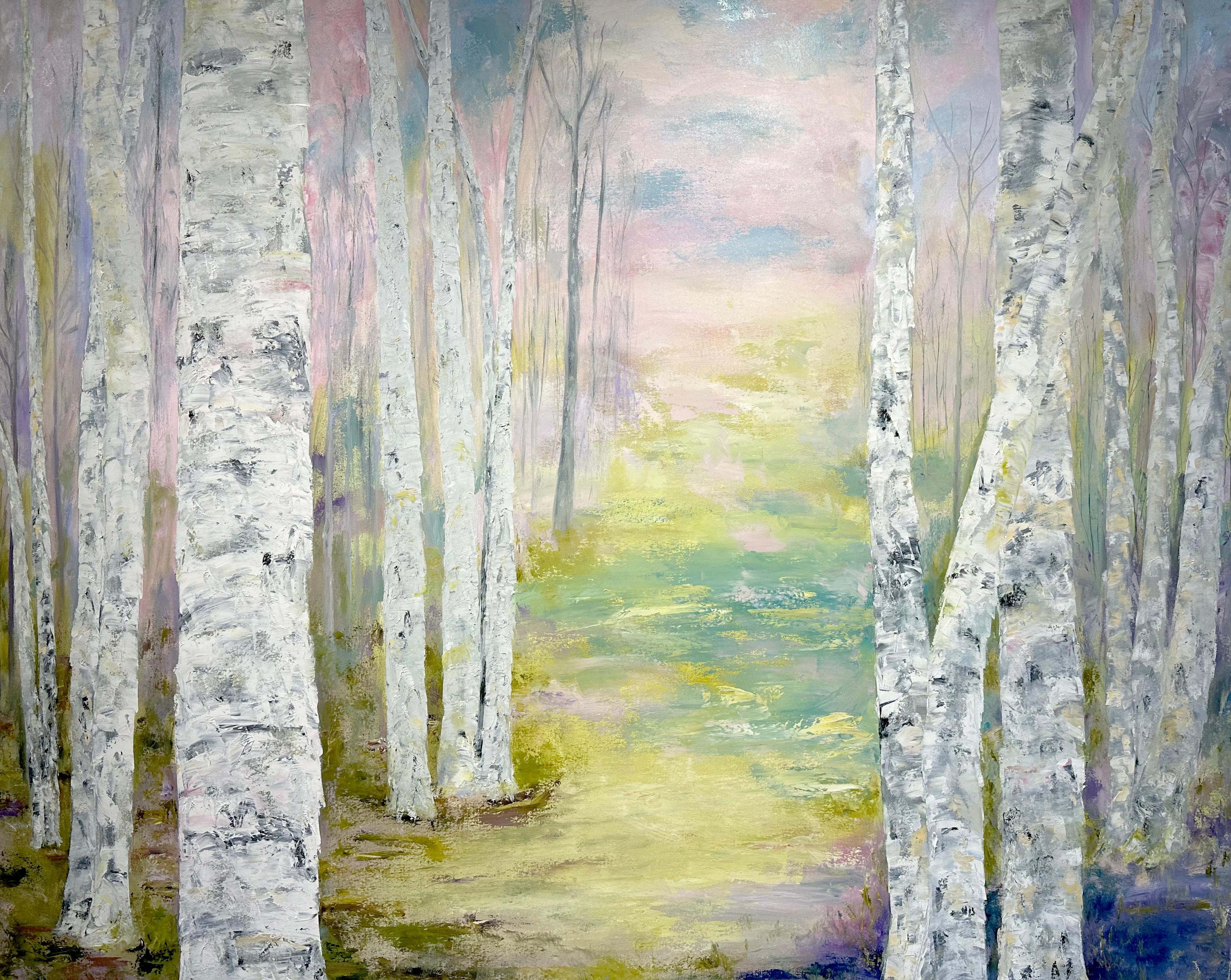 Gary Zack  Abstract Painting - Gary Zack, "Rebirth", 48x60 Colorful Pastel Birch Tree Landscape on Canvas