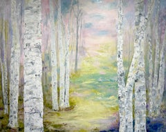 Gary Zack, „Rebirth“, farbenfrohe, pastellfarbene Birkenlandschaft auf Leinwand, 48x60