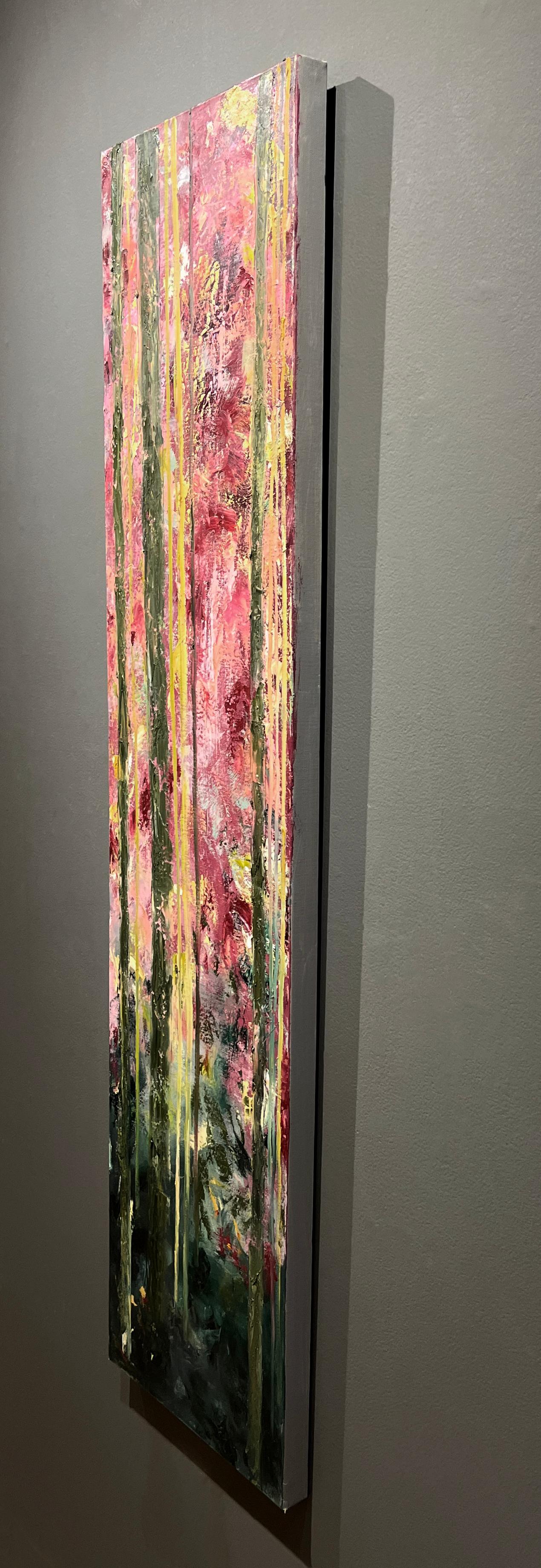 Gary Zack, „Frühling“, 60x15 Atmosphärisches, jahreszeitlich wechselhaftes Baum-Ölgemälde auf Leinwand (Beige), Landscape Painting, von Gary Zack 