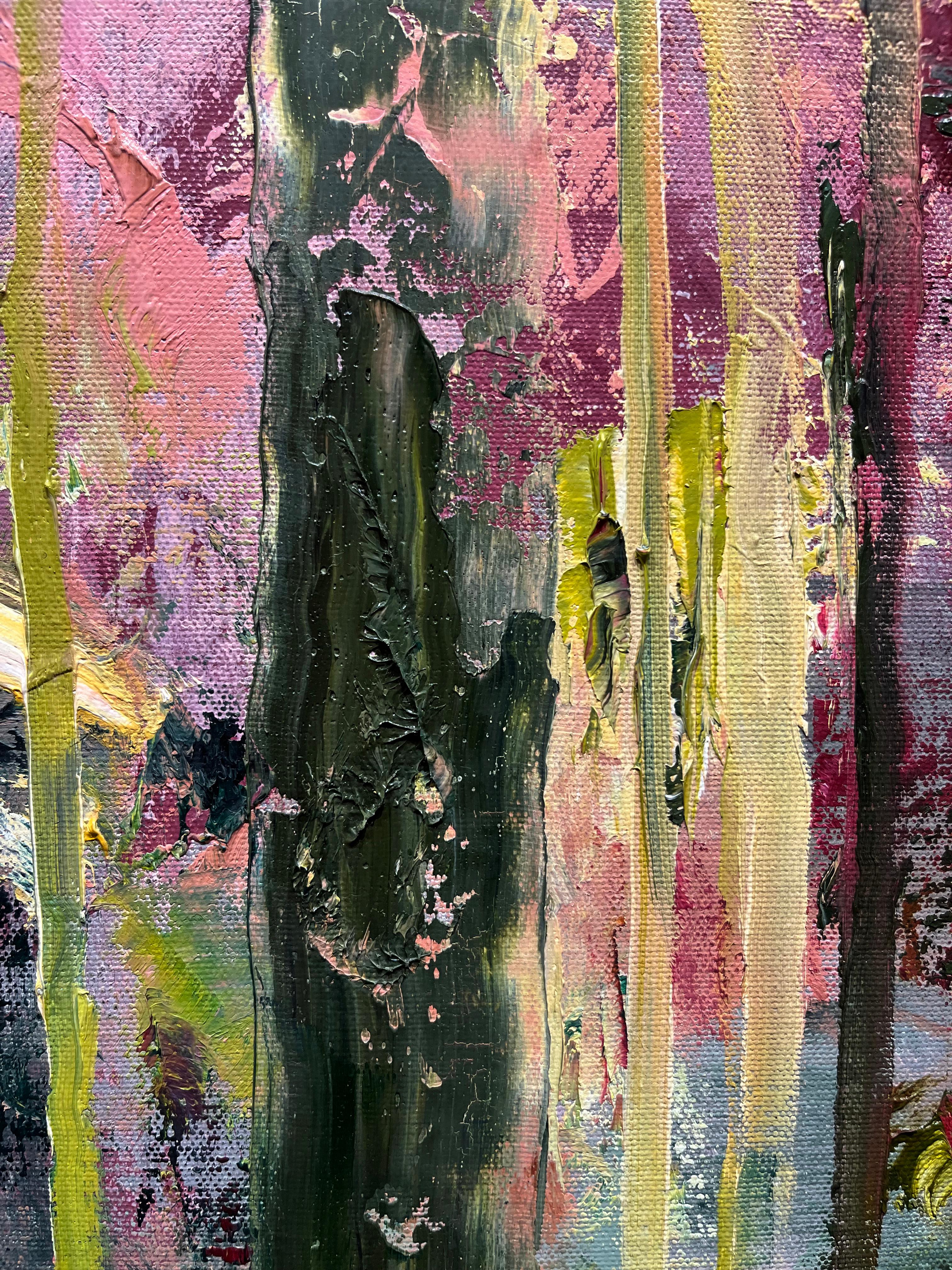 Gary Zack, „Frühling“, 60x15 Atmosphärisches, jahreszeitlich wechselhaftes Baum-Ölgemälde auf Leinwand im Angebot 1