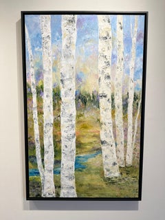 Gary Zack, "Spring Birches", 48x30 Colorful Birch Tree Landscape Oil Painting