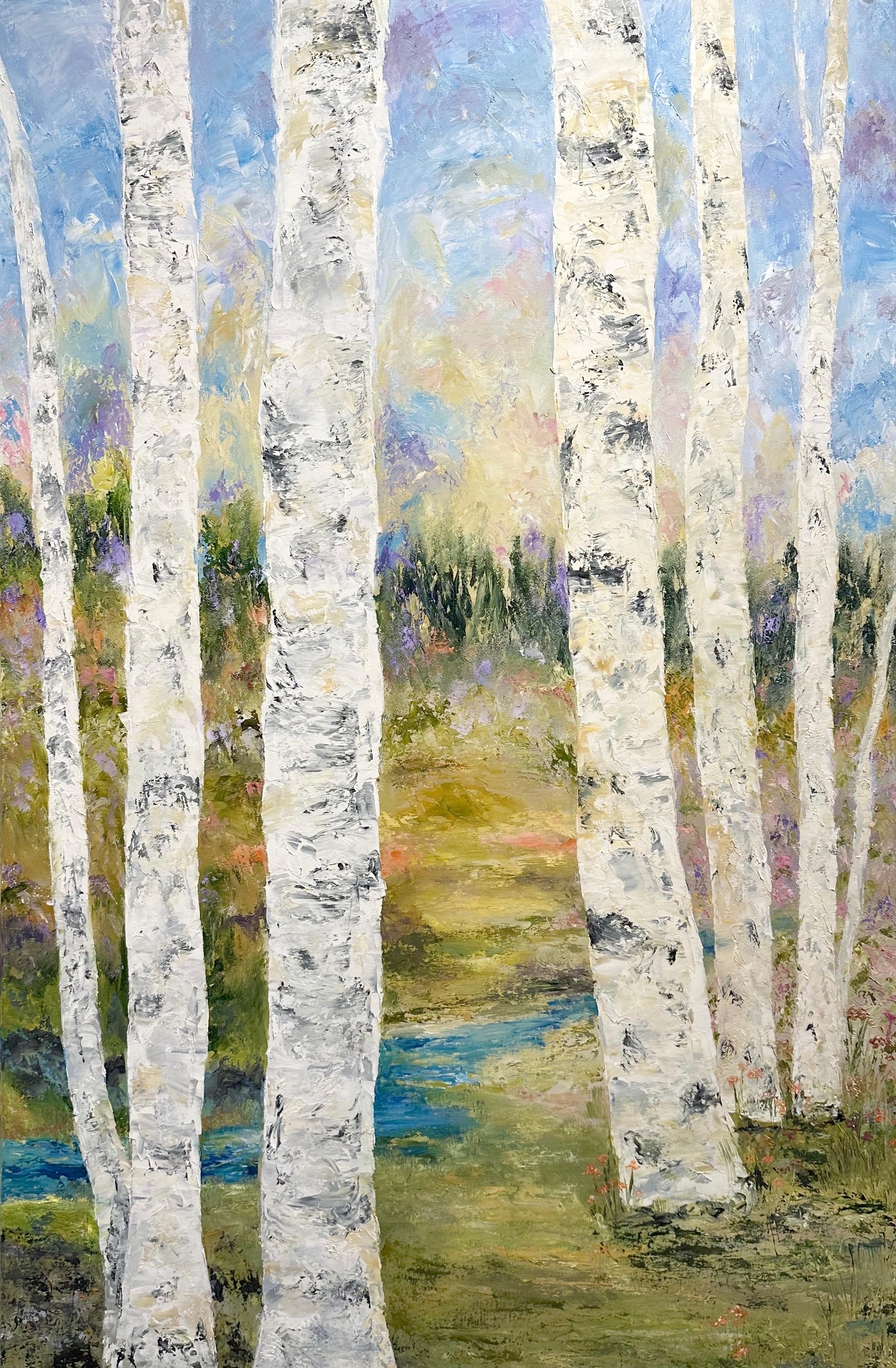 Gary Zack  Landscape Painting - Gary Zack, "Spring Birches", 48x30 Colorful Birch Tree Landscape Oil Painting