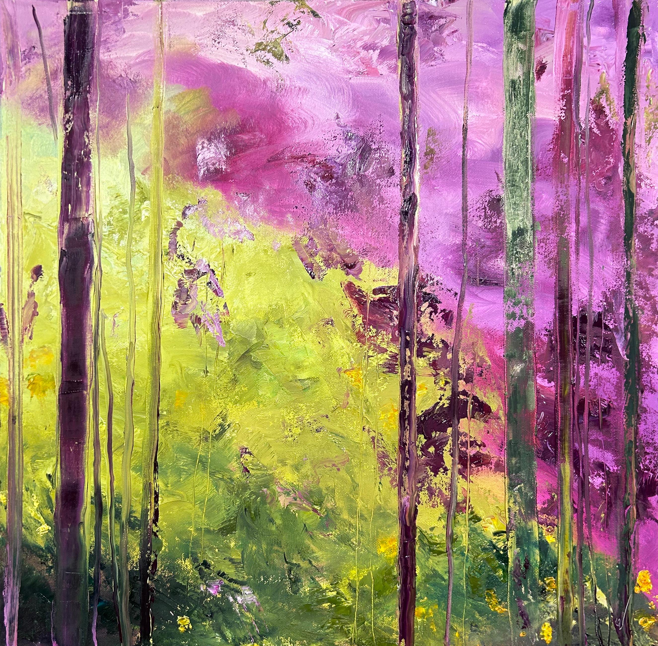 Landscape Painting di Gary Zack  - Gary Zack, "Vernal", pittura a olio su tela 20x20 con alberi stagionali e d'atmosfera