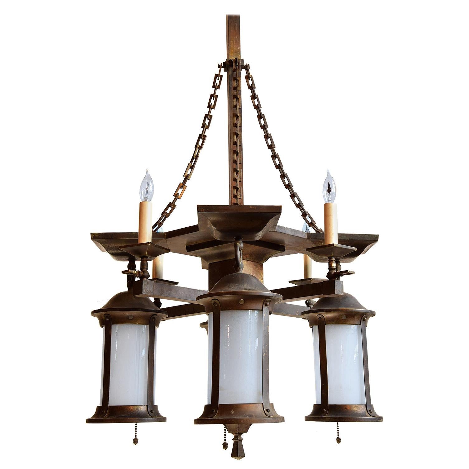 Gas, Electric Mission Chandelier with Original Glass, circa 1910 For Sale