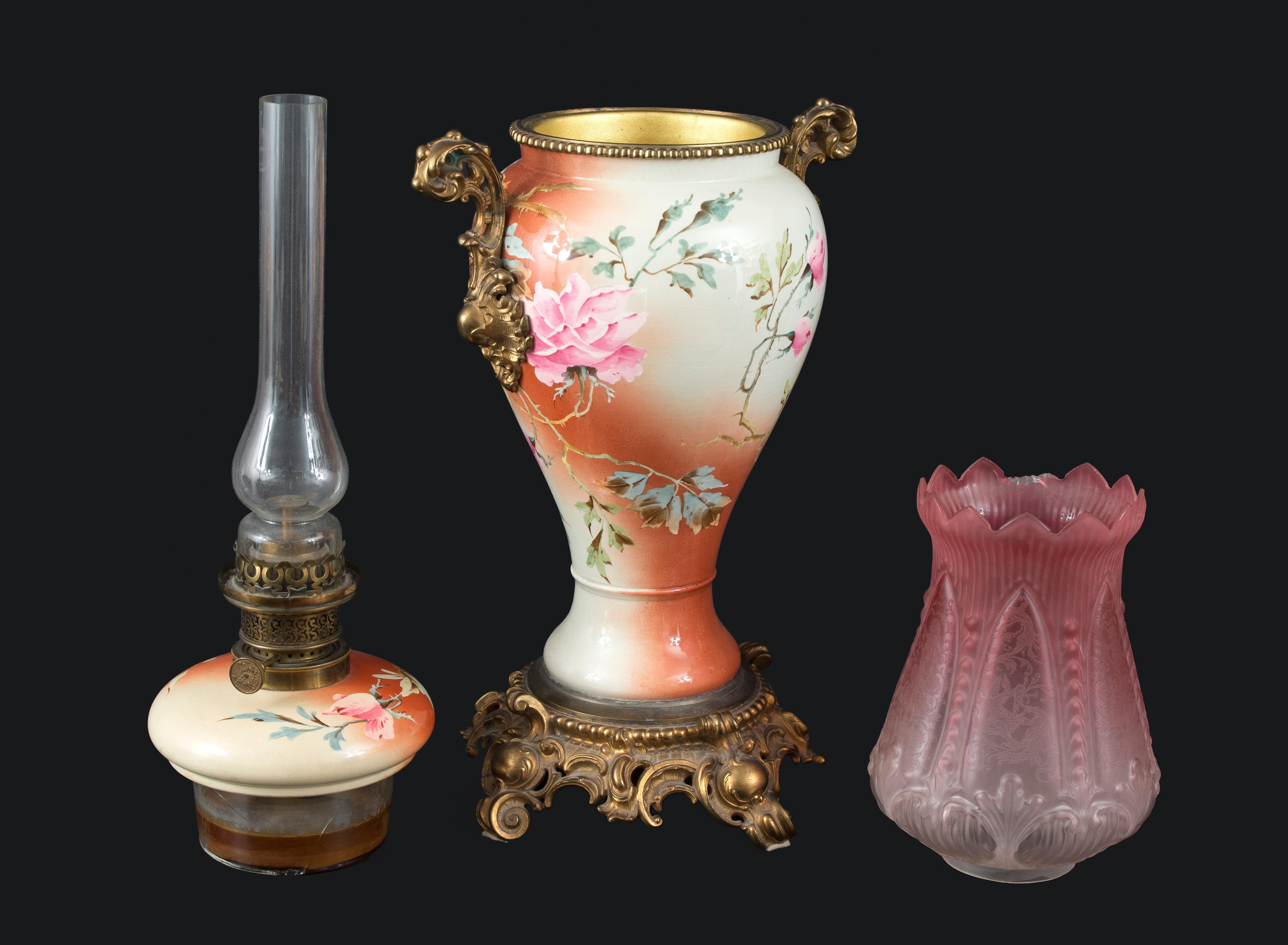 Lampe à gaz en verre:: bronze doré et porcelaine émaillée:: 19ème siècle État moyen - En vente à Madrid, ES