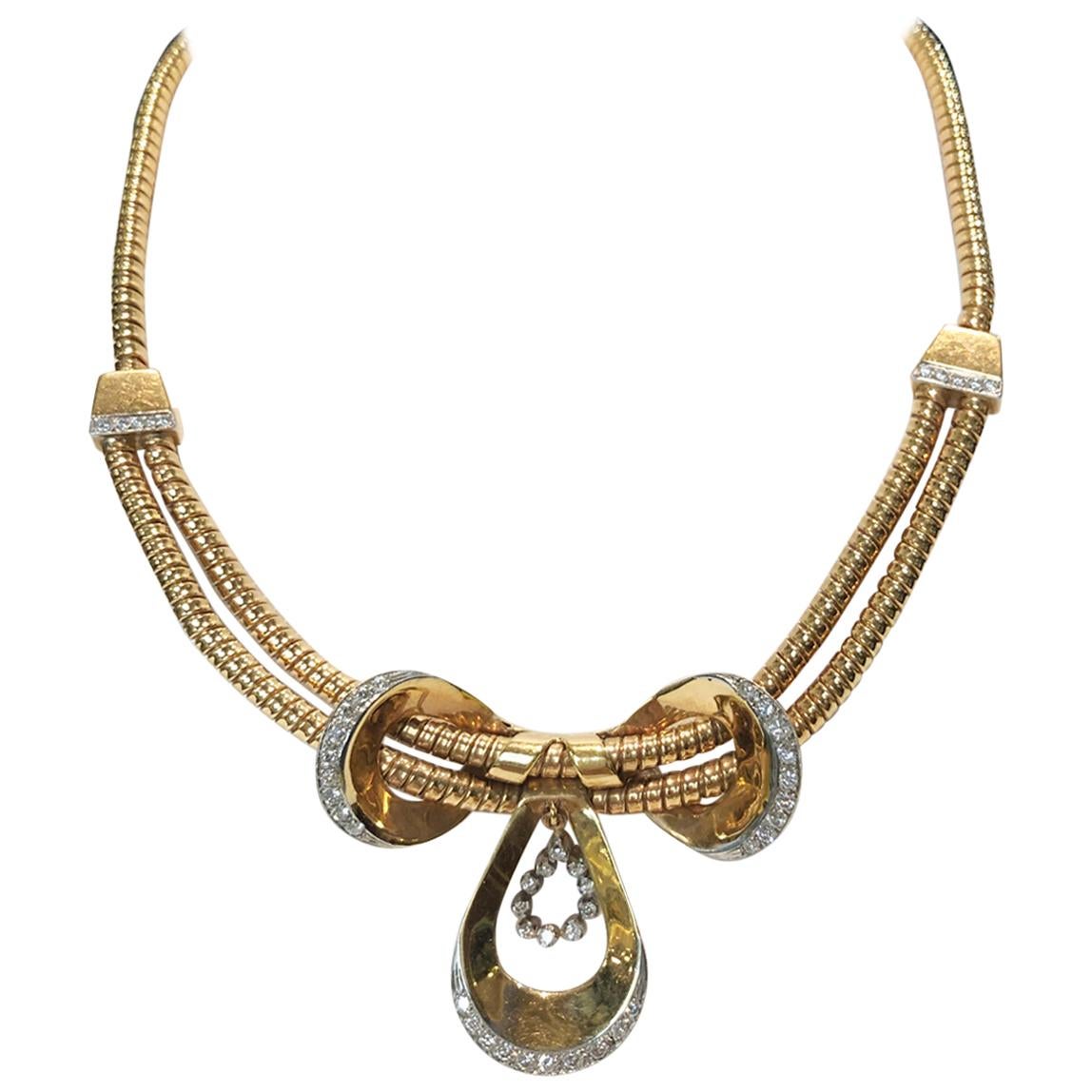 Gas-Pipe with Bow-Tie Gold Necklace For Sale