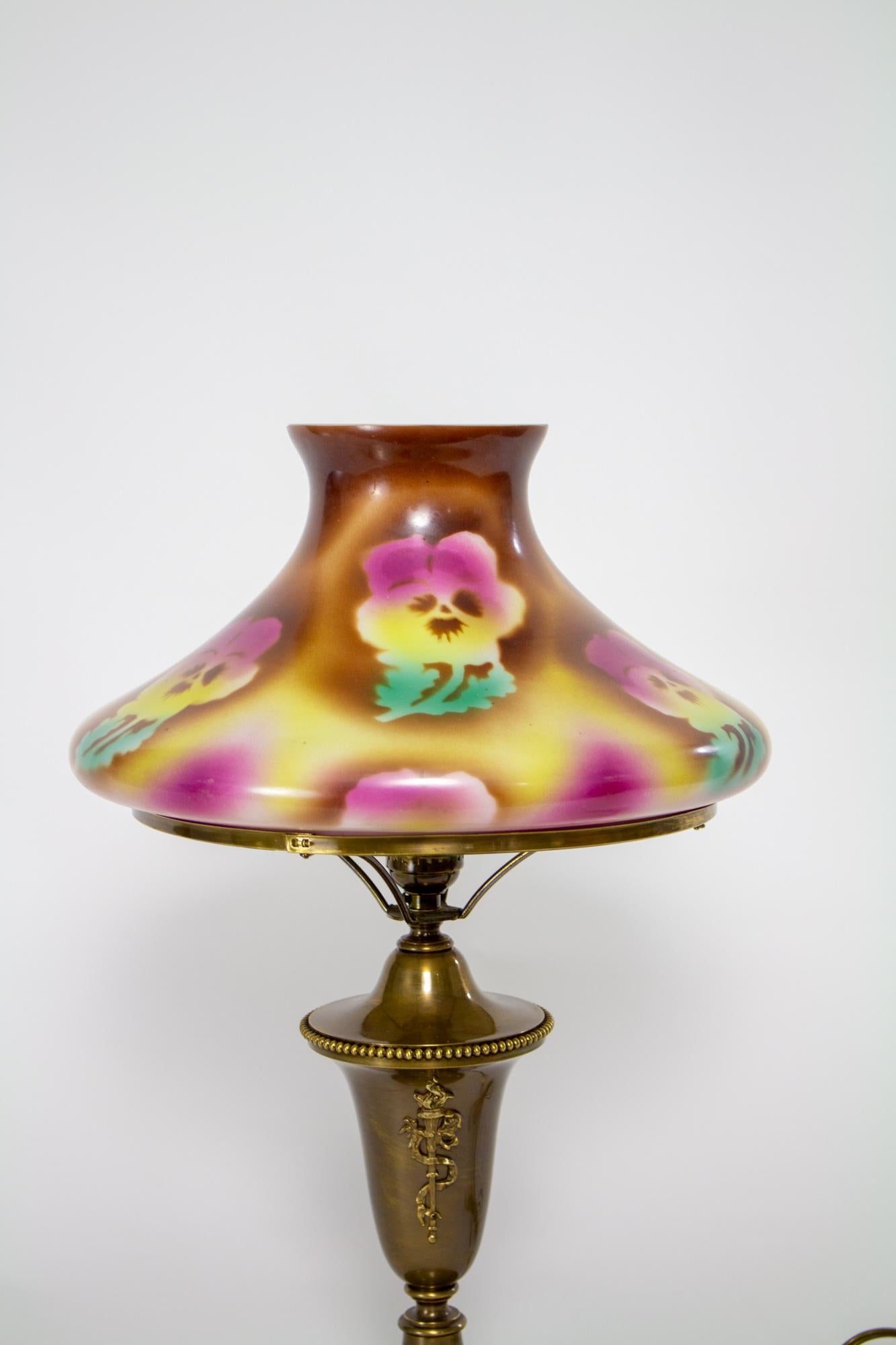 American Gas Table Lamp with Pansy Glass Shade For Sale