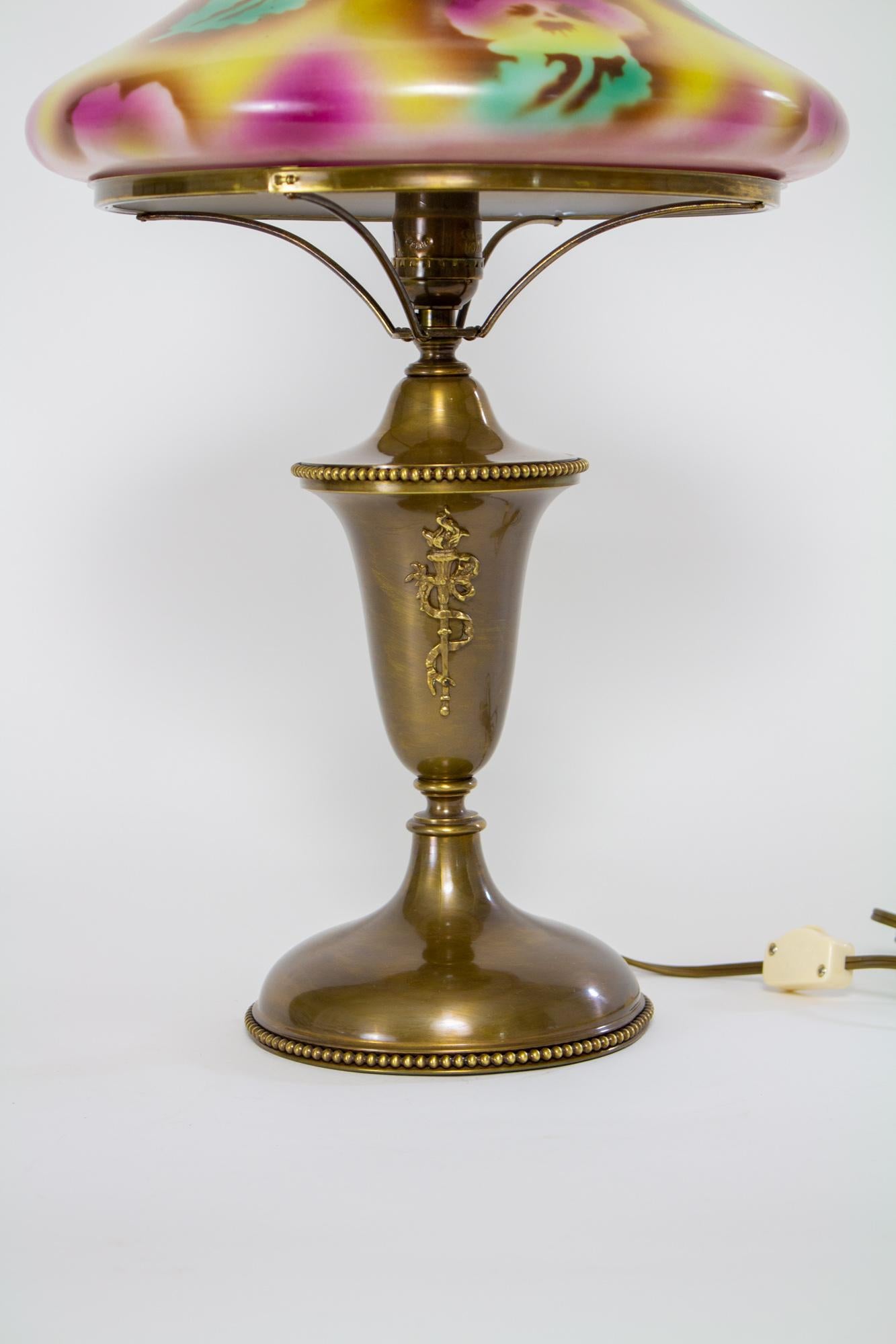 19th Century Gas Table Lamp with Pansy Glass Shade For Sale