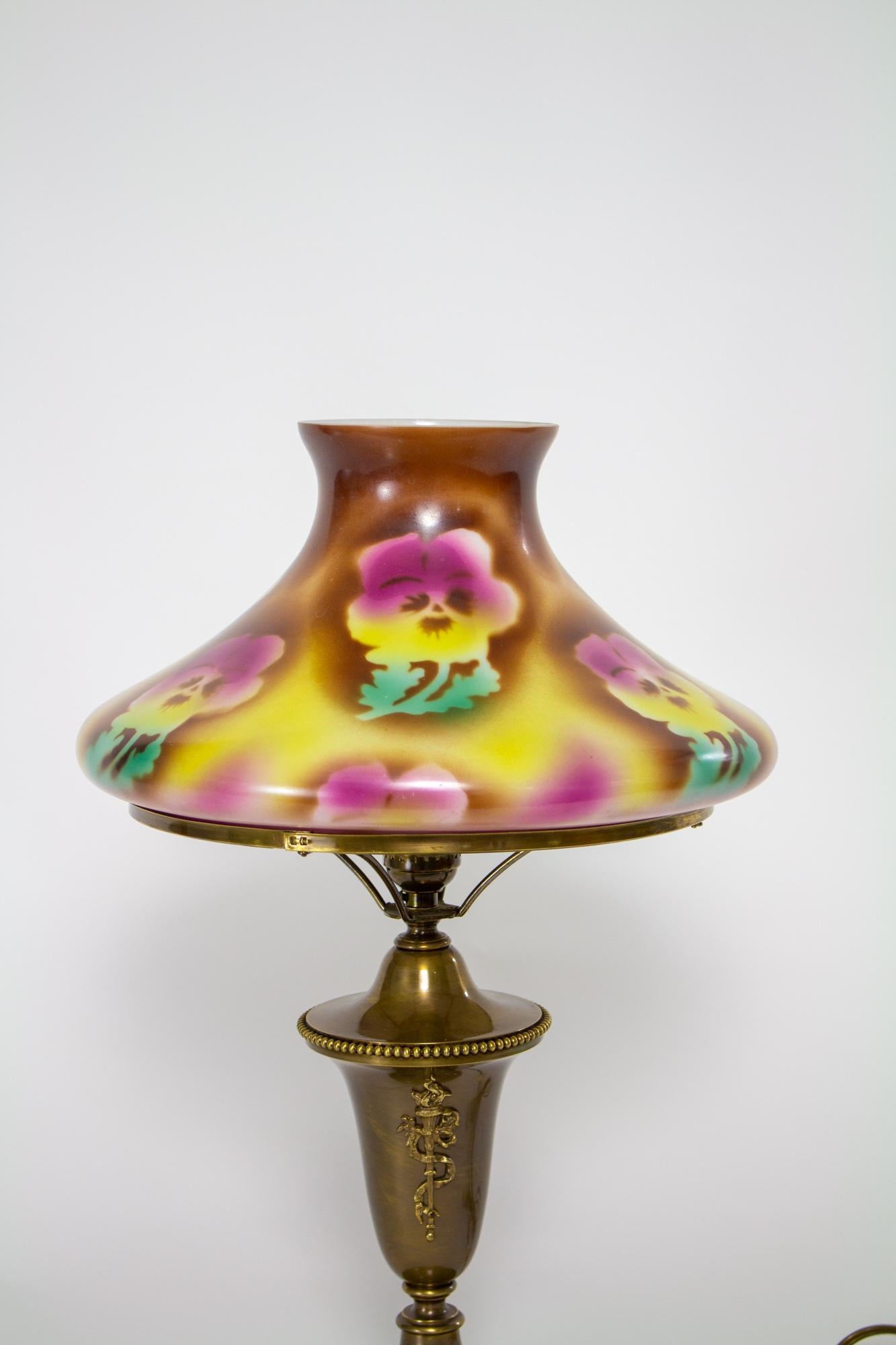 Brass Gas Table Lamp with Pansy Glass Shade For Sale