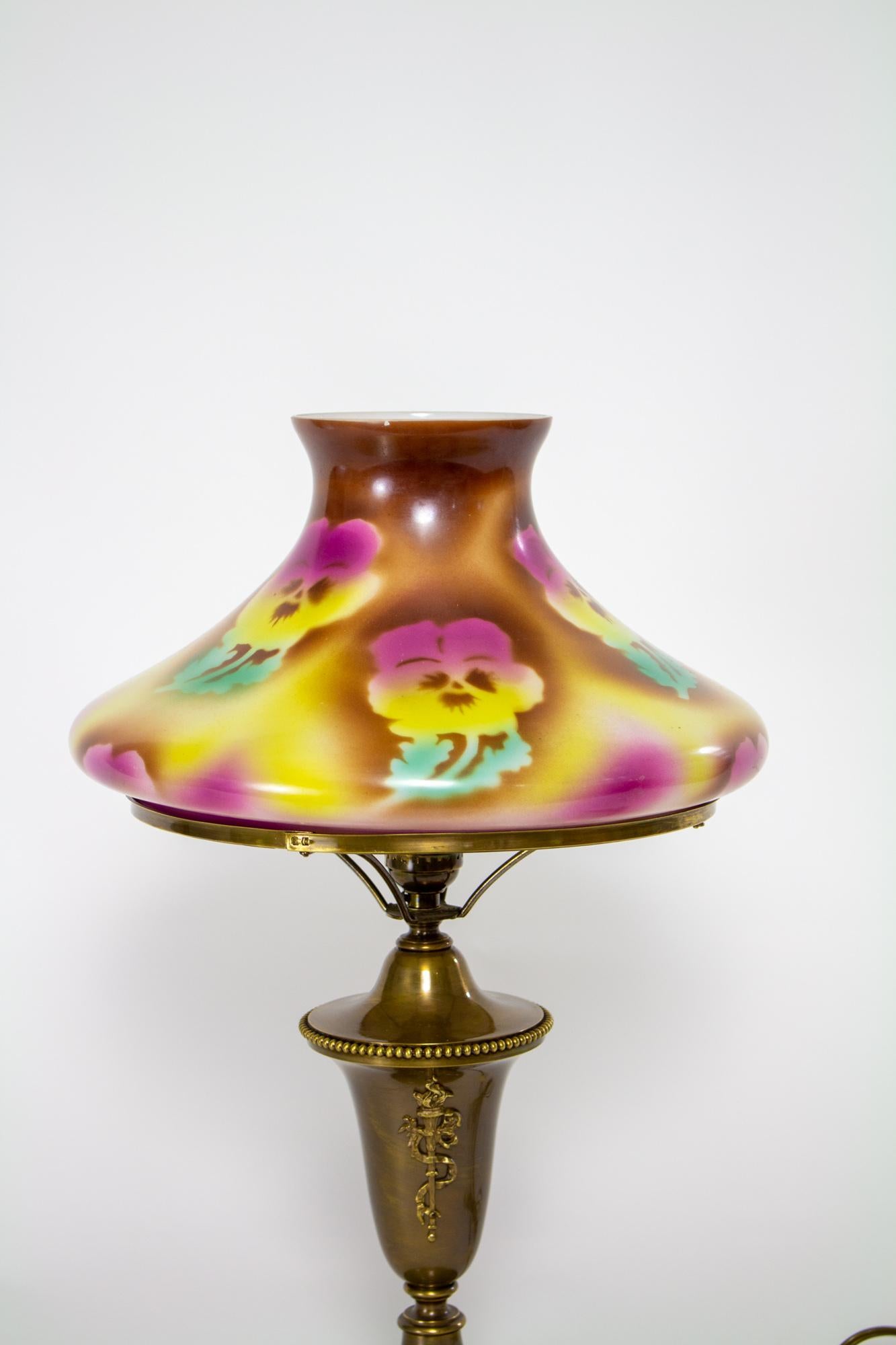 Gas Table Lamp with Pansy Glass Shade For Sale 1