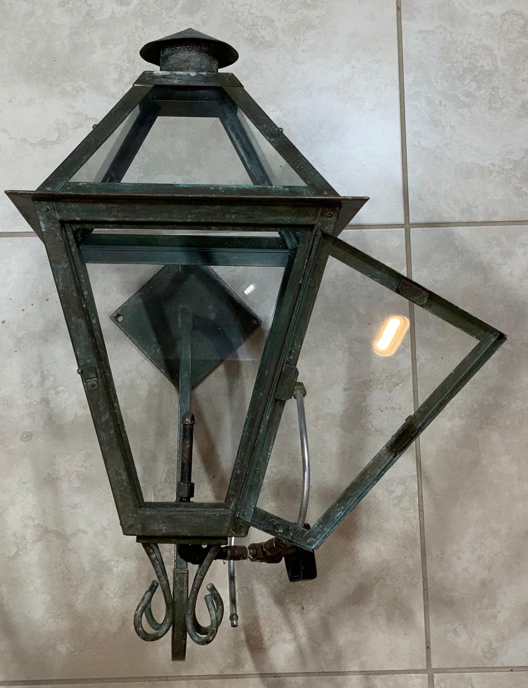 Single wall hanging gas lantern made of solid copper, the wall arm made of steel.
 