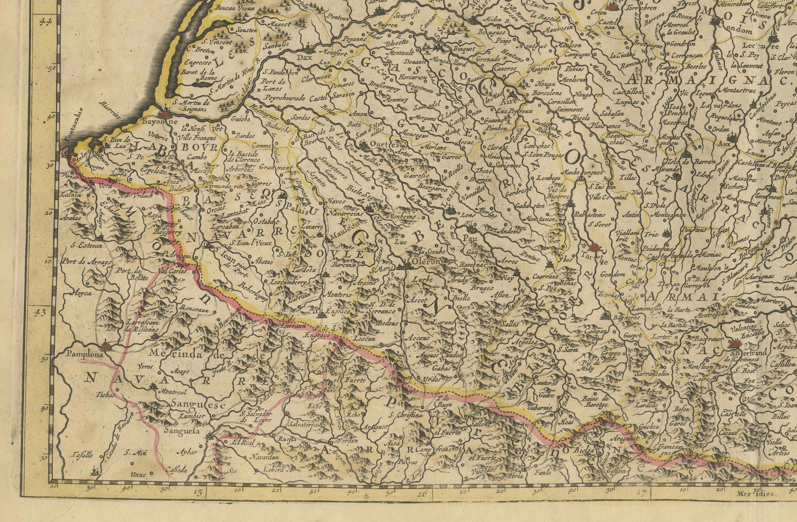 Titel: Karte der Gascogne und Guyenne - Handkolorierter Kupferstich von Frederik De Wit aus dem 17. Jahrhundert, um 1688

Beschreibung: Diese bemerkenswerte Karte, 