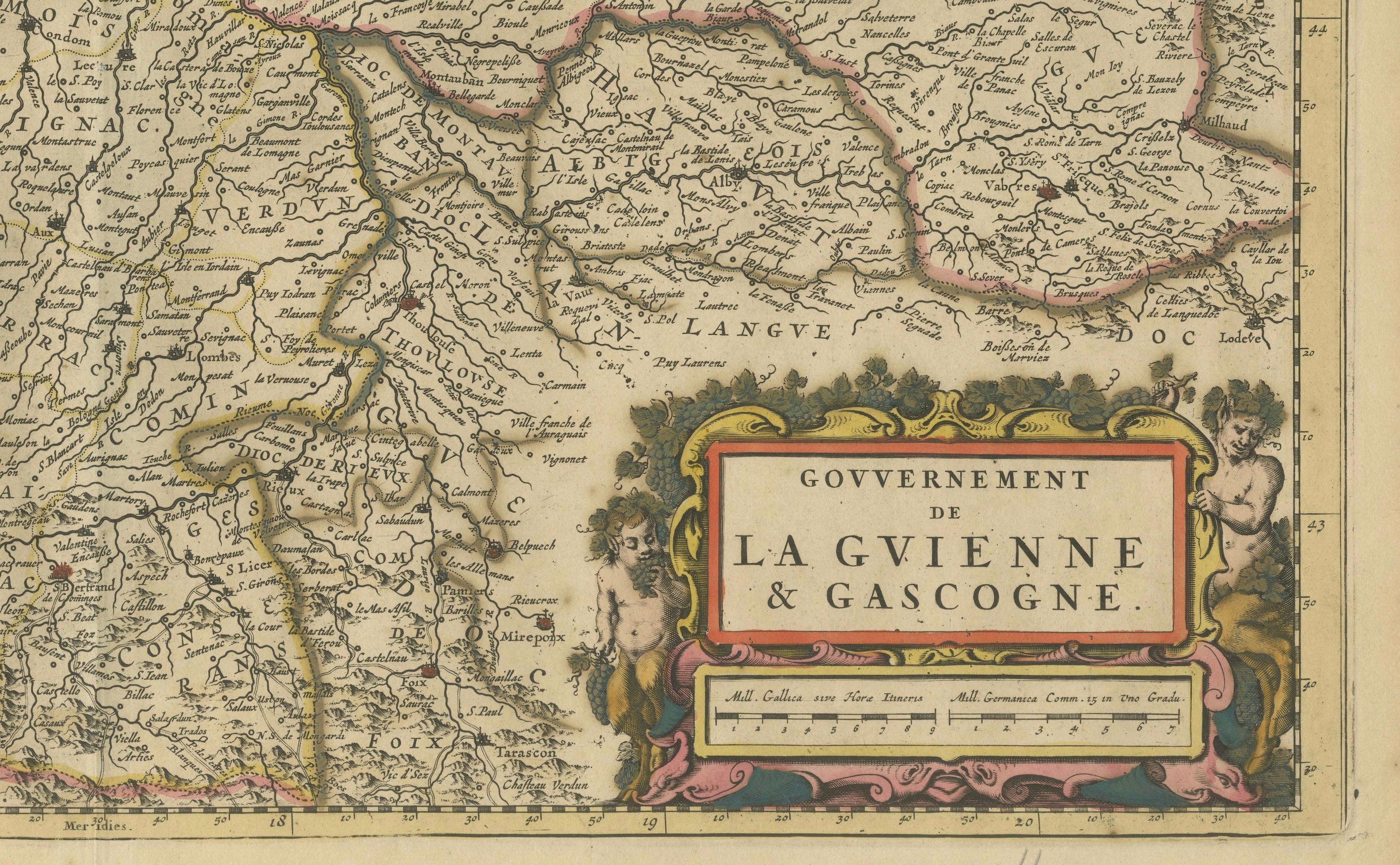 Gascogne- und Guyenne-Karte – handkoloriertes Kupferstich aus dem 17. Jahrhundert von De Wit, um 1688 (Graviert) im Angebot
