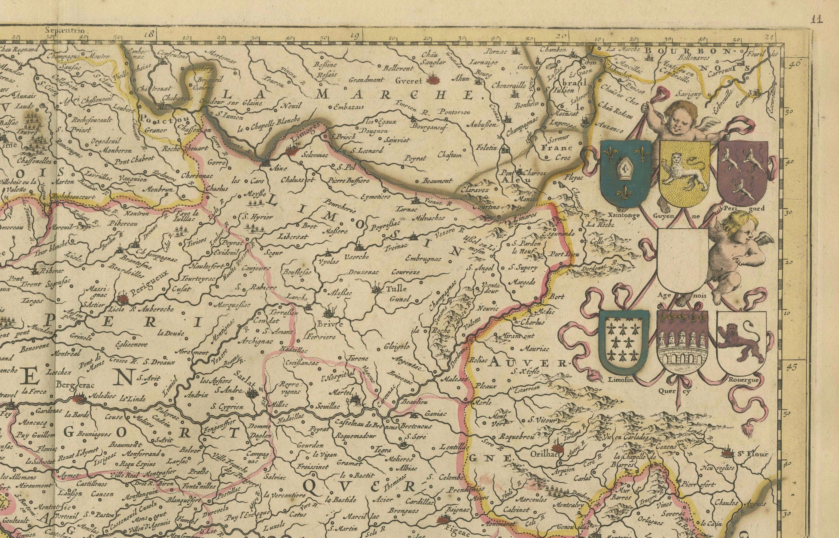 Gascogne- und Guyenne-Karte – handkoloriertes Kupferstich aus dem 17. Jahrhundert von De Wit, um 1688 im Zustand „Gut“ im Angebot in Langweer, NL
