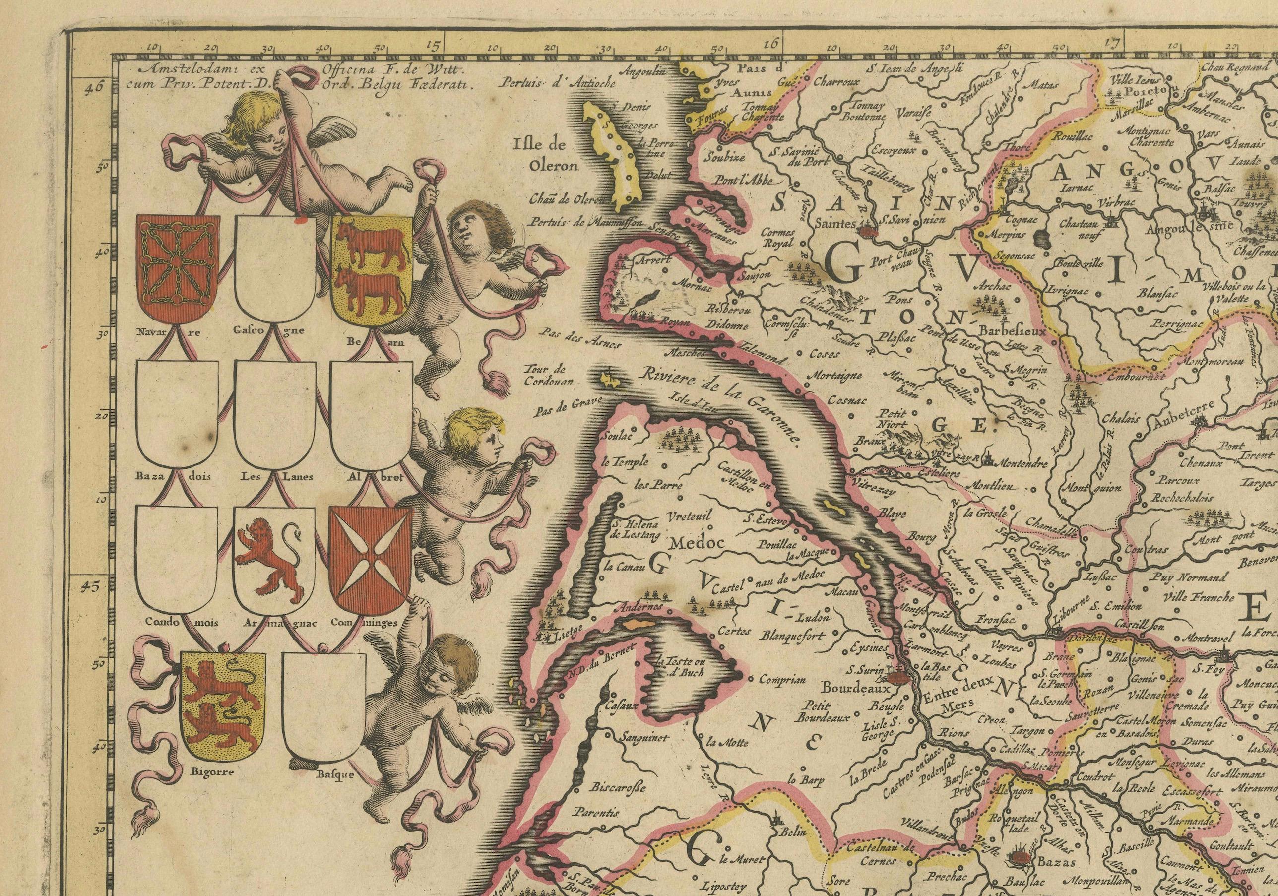 Gascogne- und Guyenne-Karte – handkoloriertes Kupferstich aus dem 17. Jahrhundert von De Wit, um 1688 (Spätes 17. Jahrhundert) im Angebot