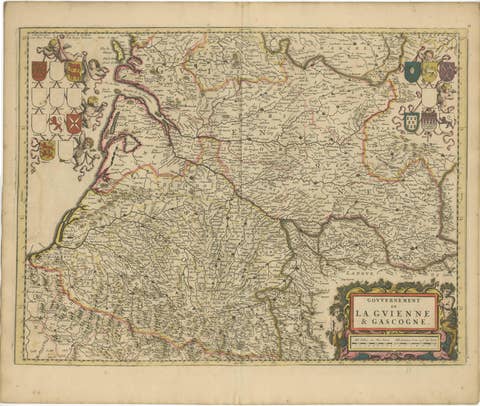 Gascogne and Guyenne Map - Hand-Colored 17th-Century Engraving by De Wit, c.1688