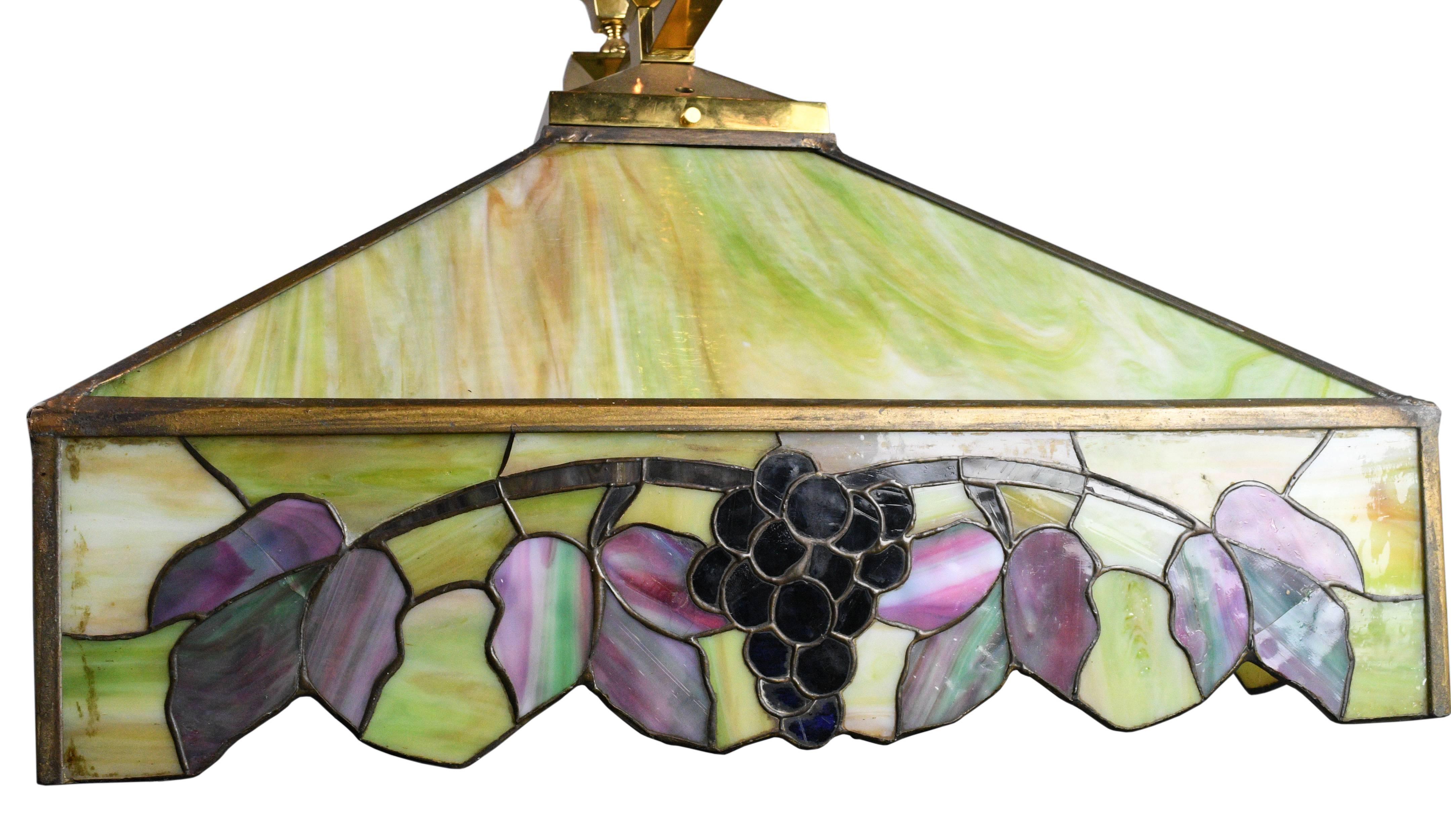 Brass Gas/Electric Pendant with Leaded Glass Floral Shade