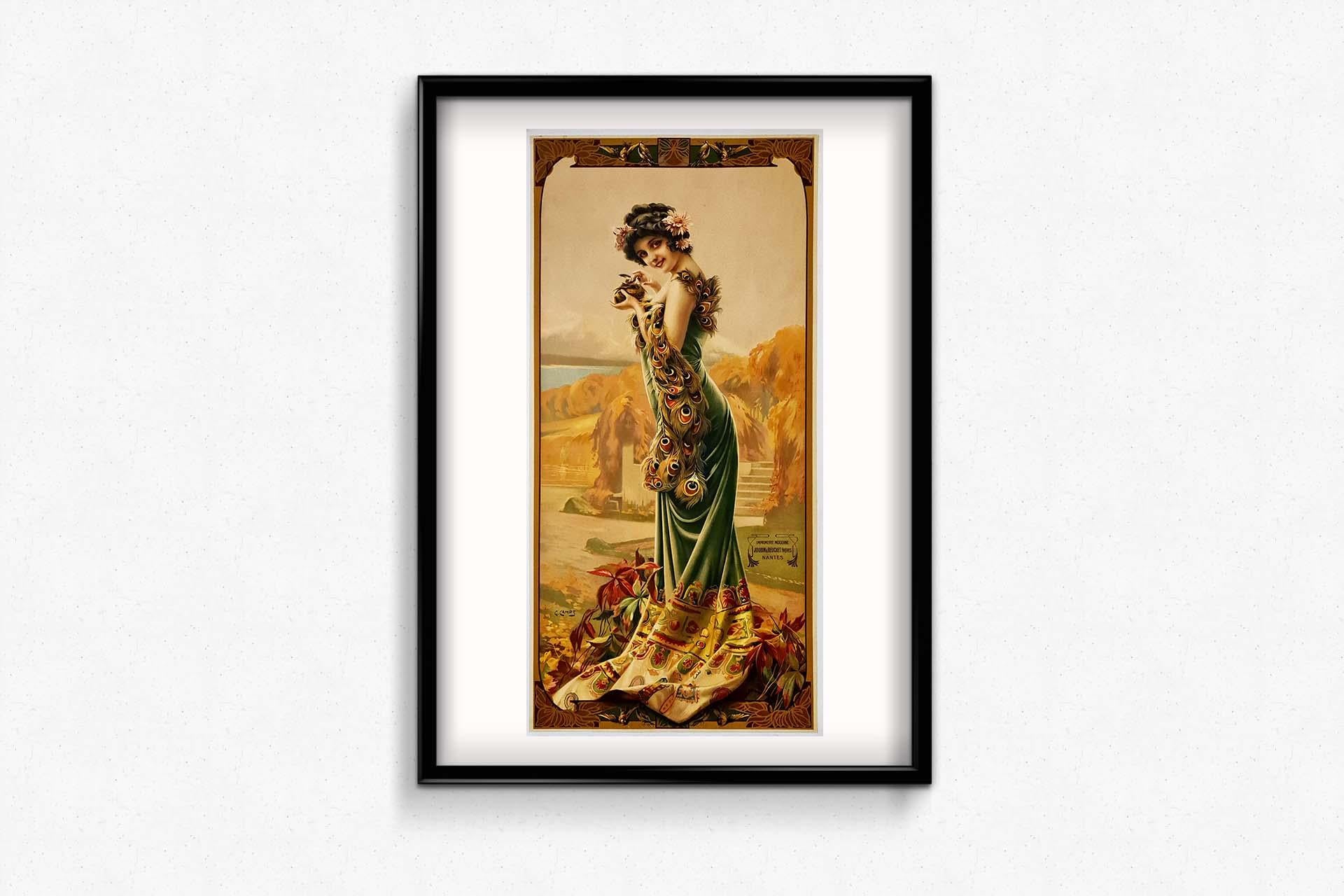 1904 Original Art Nouveau poster by Camps - Elegant Woman with a Peacock feather For Sale 1