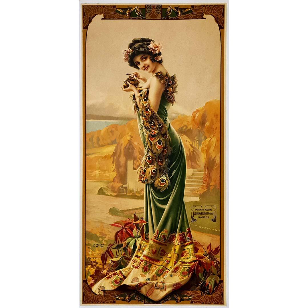 1904 Original Art Nouveau poster by Camps - Elegant Woman with a Peacock feather - Print by Gaspar Camps