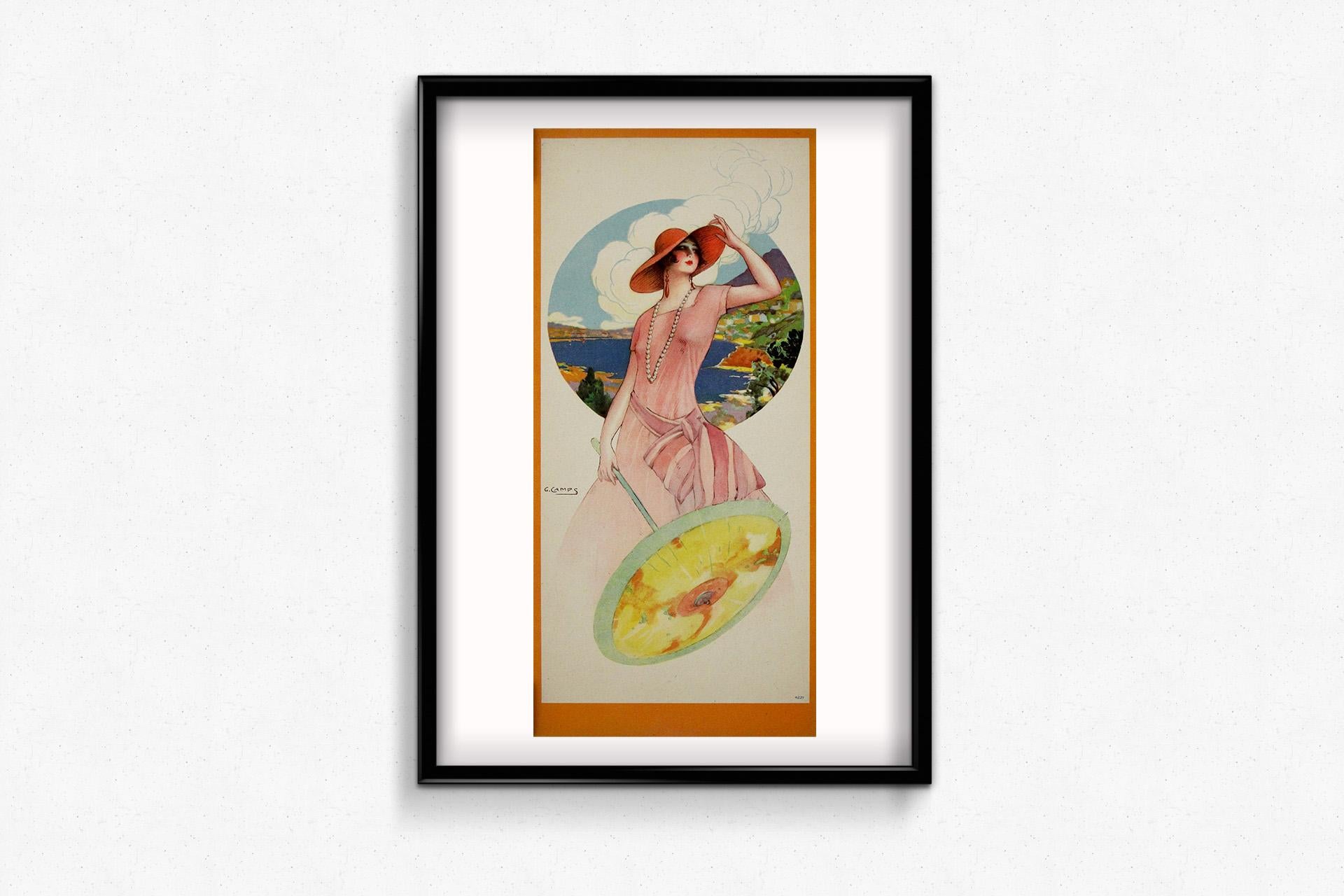 Circa 1920 original poser by Gaspar Camps : Élégante à l'ombrelle For Sale 1