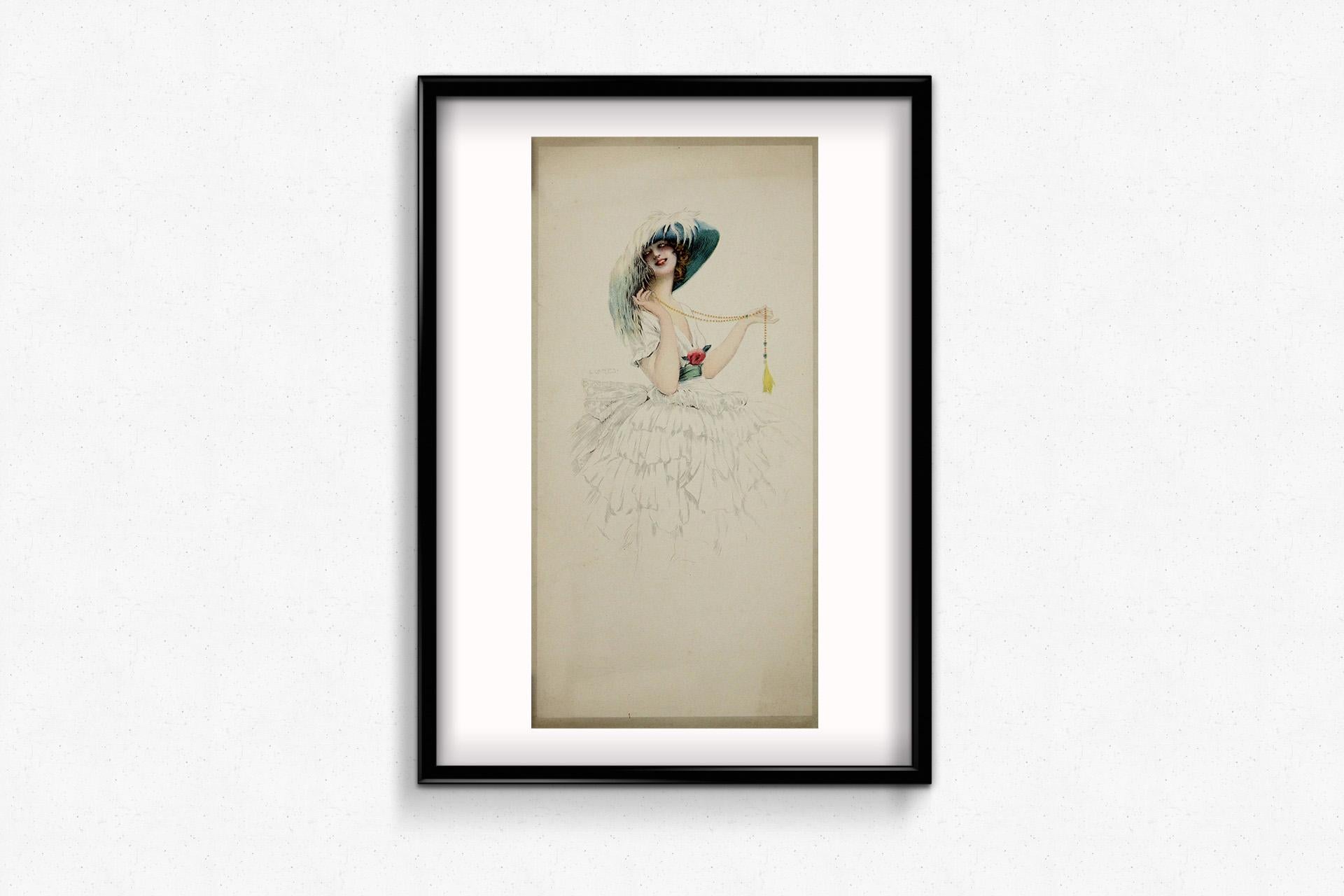Circa 1920 original poser by Gaspar Camps : Élégante au chapeau For Sale 1