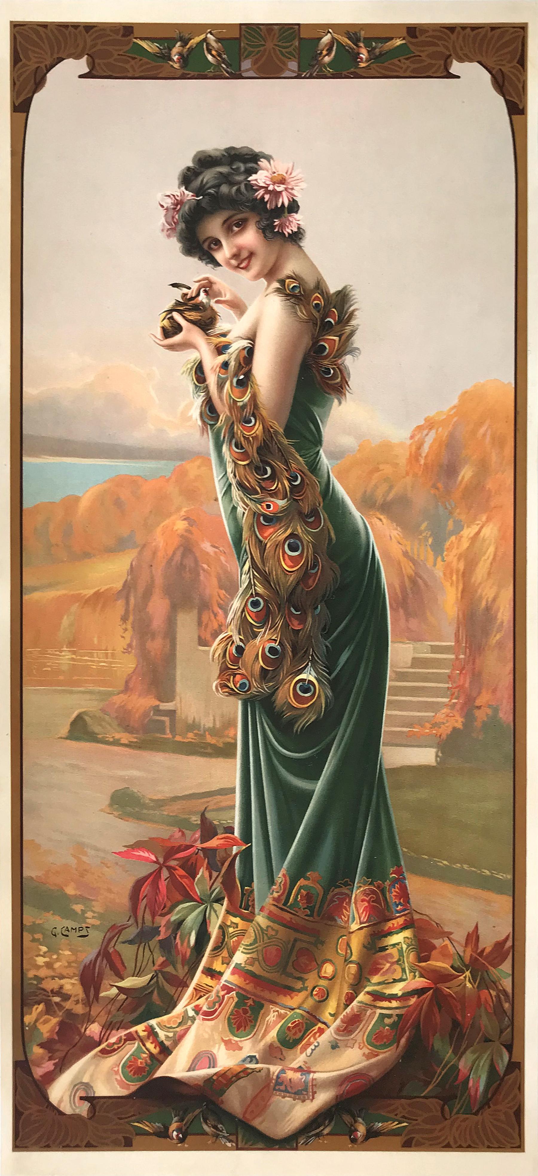 Questa immagine rappresenta l'apice dello stile Art Nouveau. Una donna elegante è avvolta in velluto, piume e fiori. Dato lo sfondo naturalistico, è possibile che la donna fosse destinata a rappresentare una ninfa o una fata.

L'artista Gaspar Camps