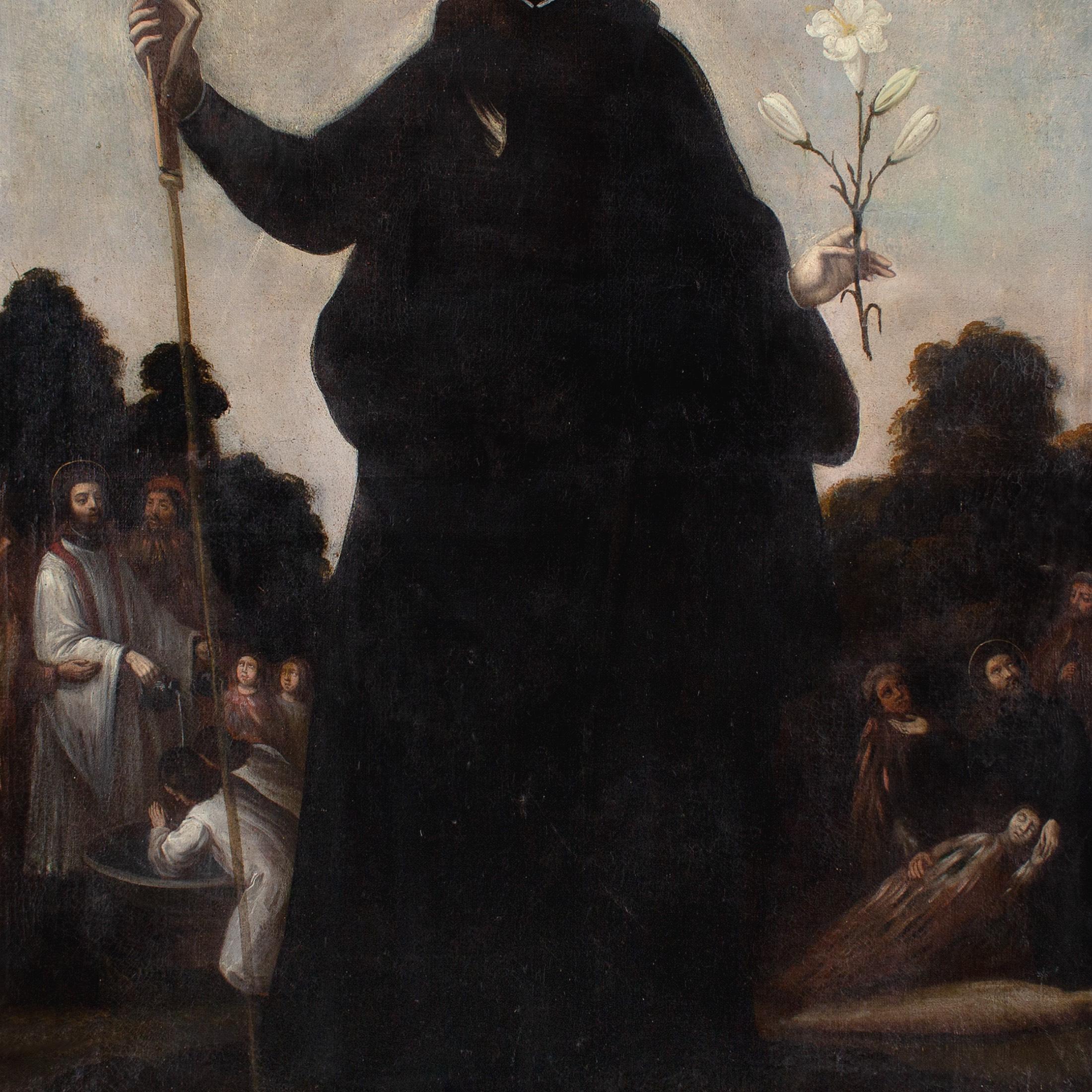 Dieses beeindruckende Ölgemälde aus der Mitte des 17. Jahrhunderts, das der Werkstatt von Gaspar de Figueroa (1594-1658) zugeschrieben wird, zeigt den Heiligen Franz Xaver, einen Jesuiten und Schutzpatron der Missionare.

Mit einem Kruzifix und