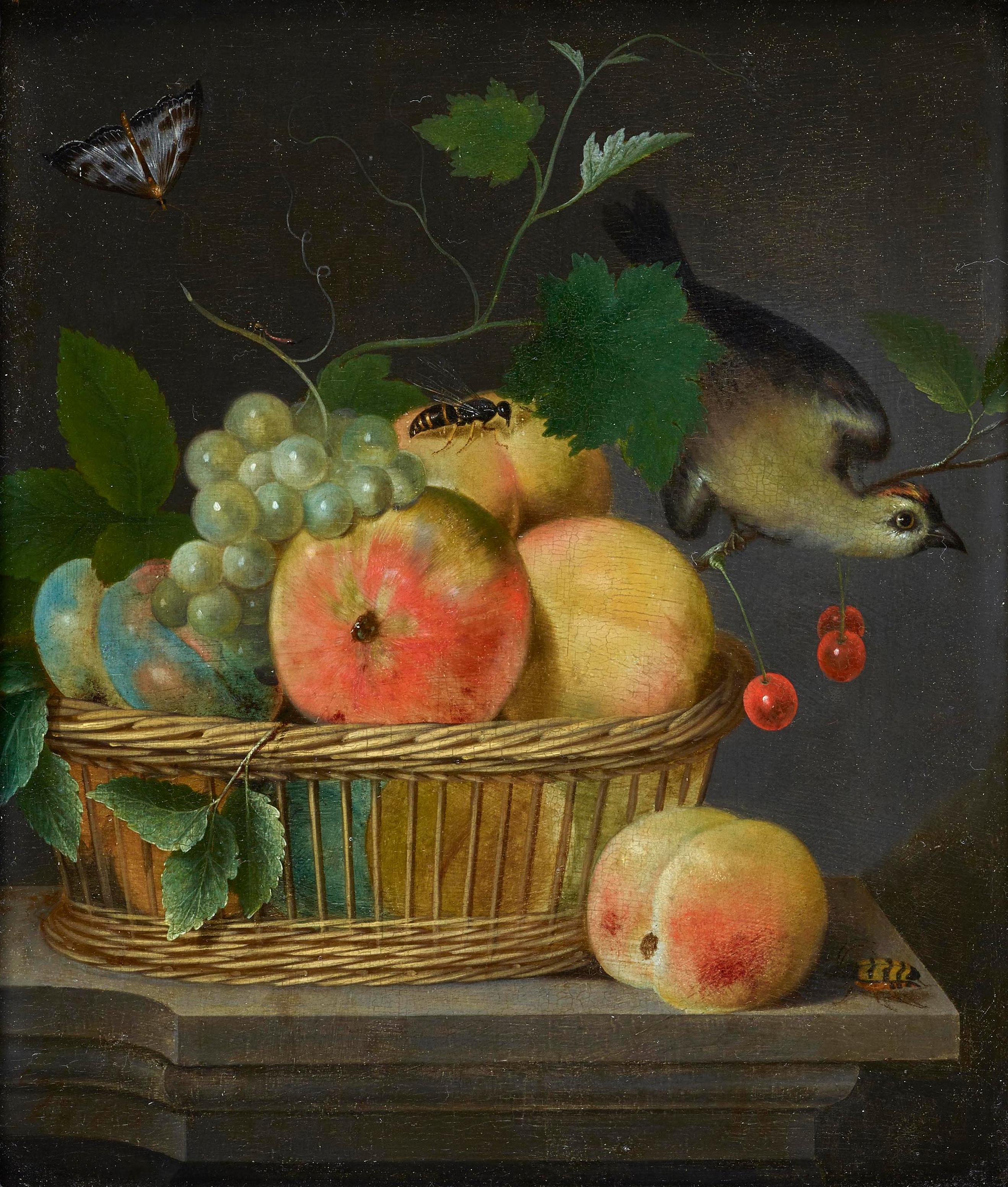 Stillleben mit Obst in einem Korb aus Korbweide mit Vogel – Painting von Gaspar Peeter Verbruggen the Elder