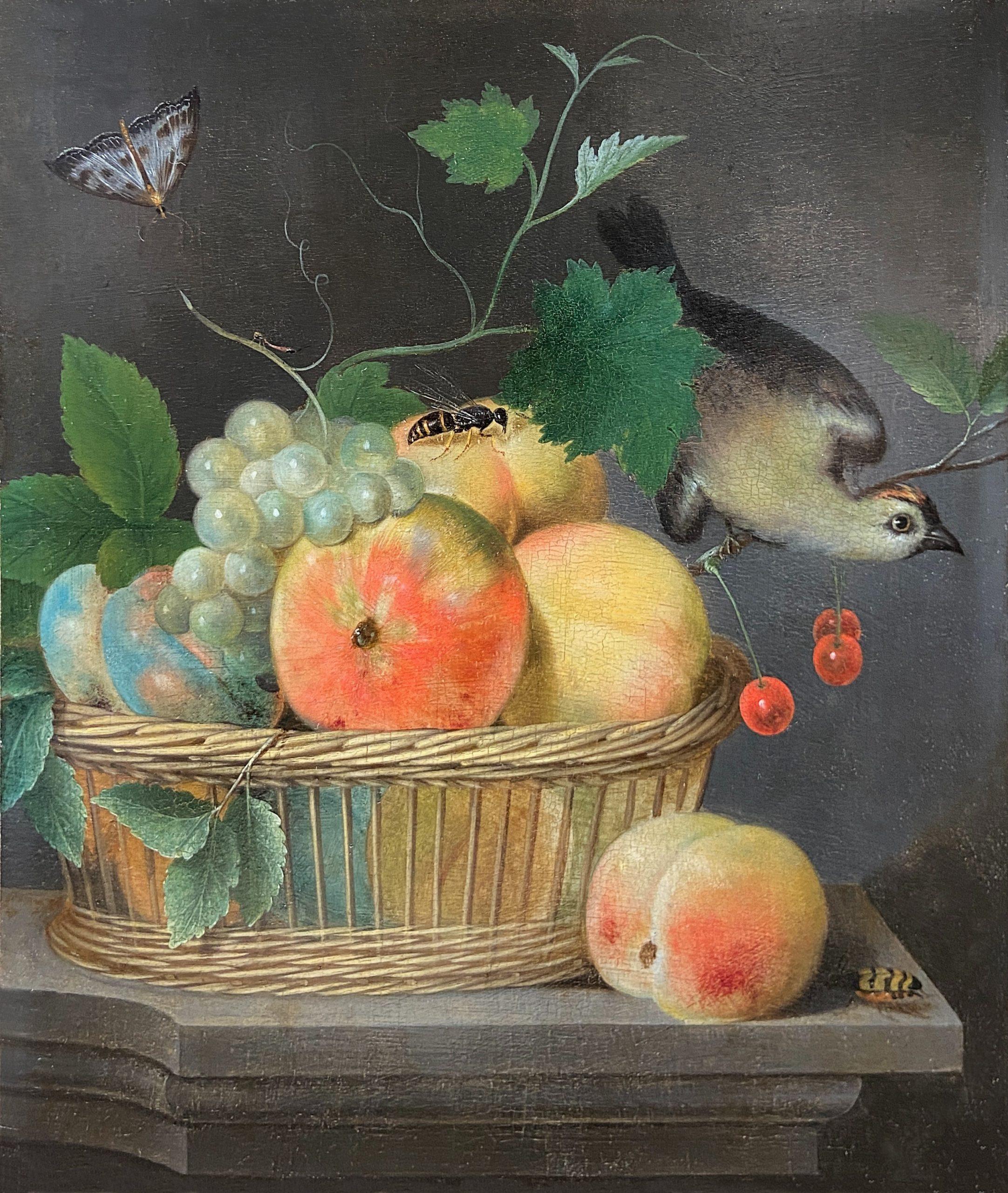 Stillleben mit Obst in einem Korb aus Korbweide mit Vogel – Painting von Gaspar Peeter Verbruggen the Elder