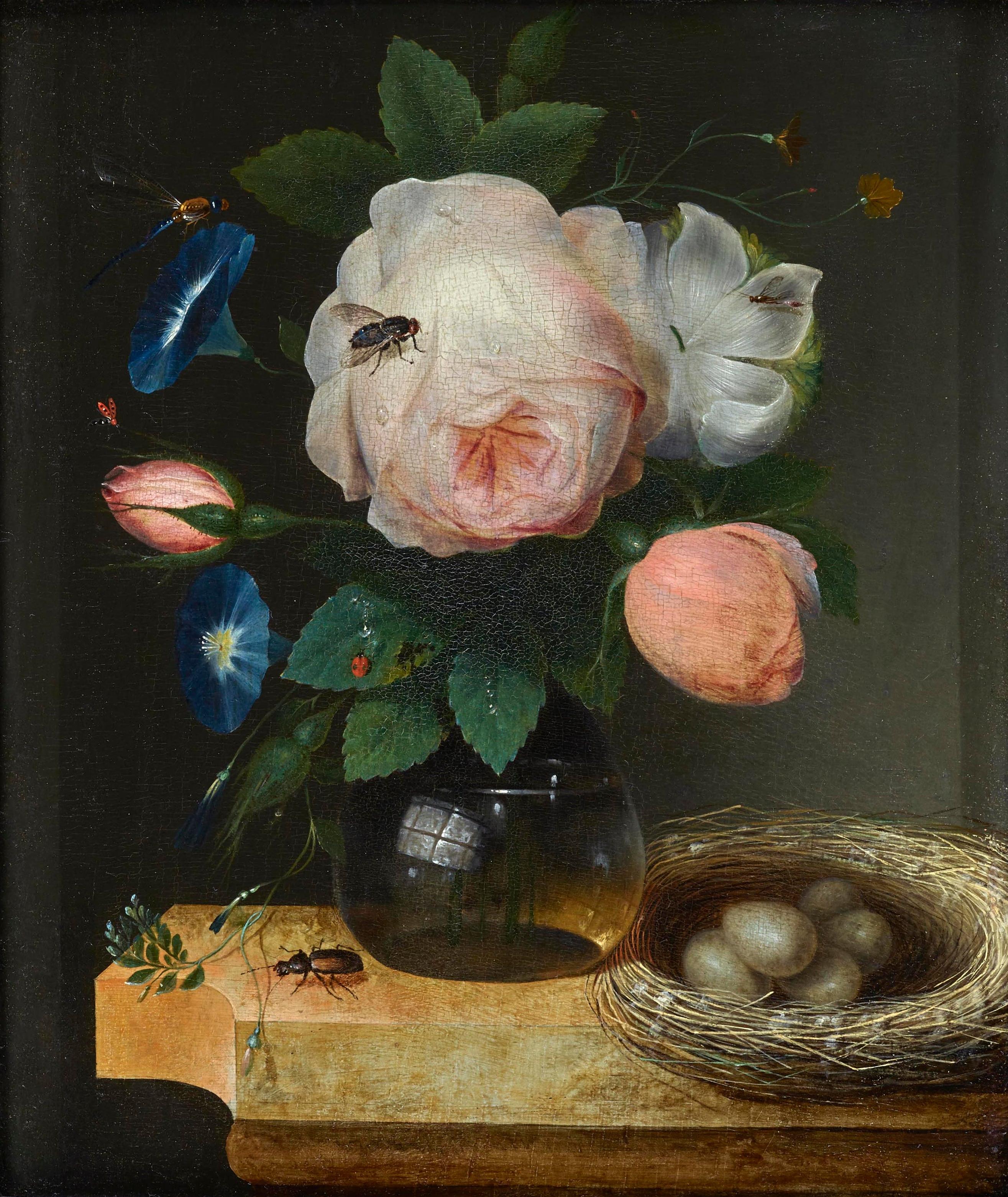 Gaspar Peeter Verbruggen
1664-1730
Stillleben mit Rosen in einer Glasvase
Öl auf Eichenholzplatte
Bildgröße: 8 ¾ x 7 ½ Zoll (22,25 x 19 cm)
Zeitgenössischer niederländischer ebonisierter Rahmen

Dieses komplizierte Stillleben, das für die Ideale des