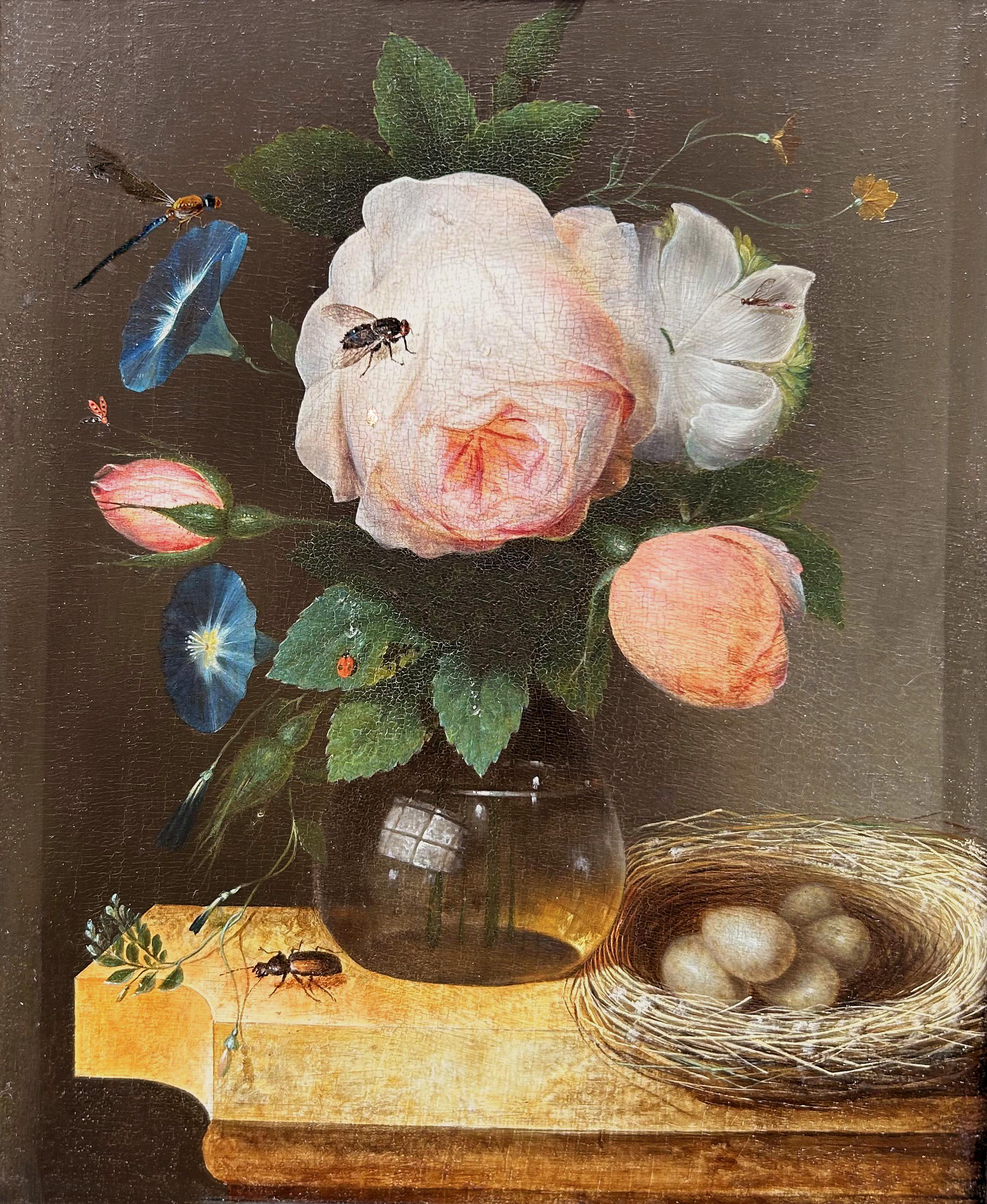 Gaspar Peeter Verbruggen
1664-1730
Stillleben mit Rosen in einer Glasvase
Öl auf Eichenholzplatte
Bildgröße: 8 ¾ x 7 ½ Zoll (22,25 x 19 cm)
Zeitgenössischer niederländischer ebonisierter Rahmen

Dieses komplizierte Stillleben, das für die Ideale des
