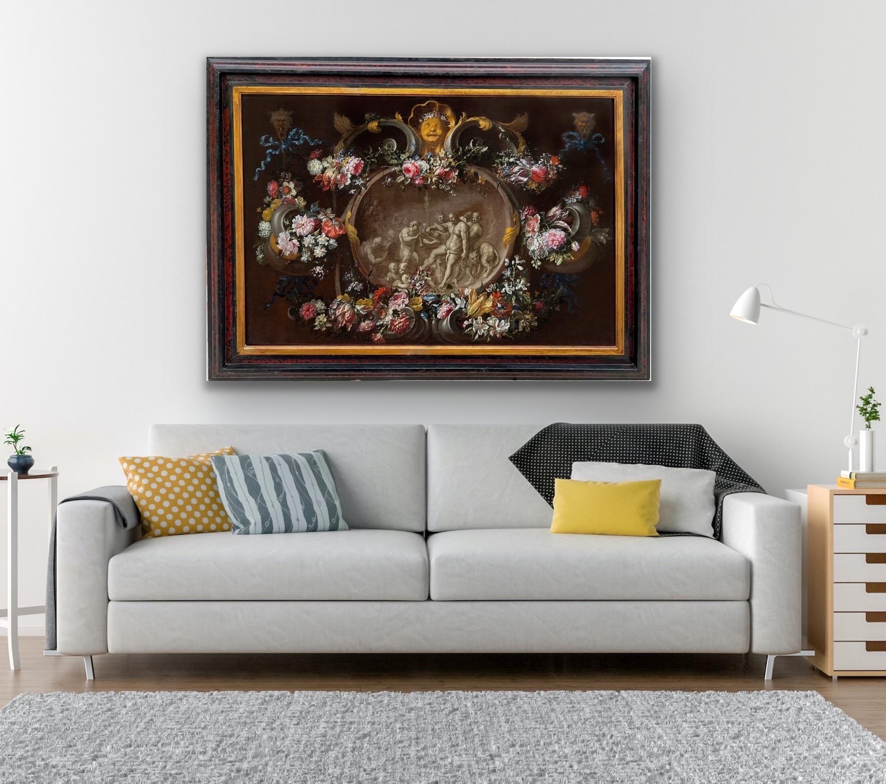 Huge 17th century Flemish still-life with flowers and a Bacchus celebration 9