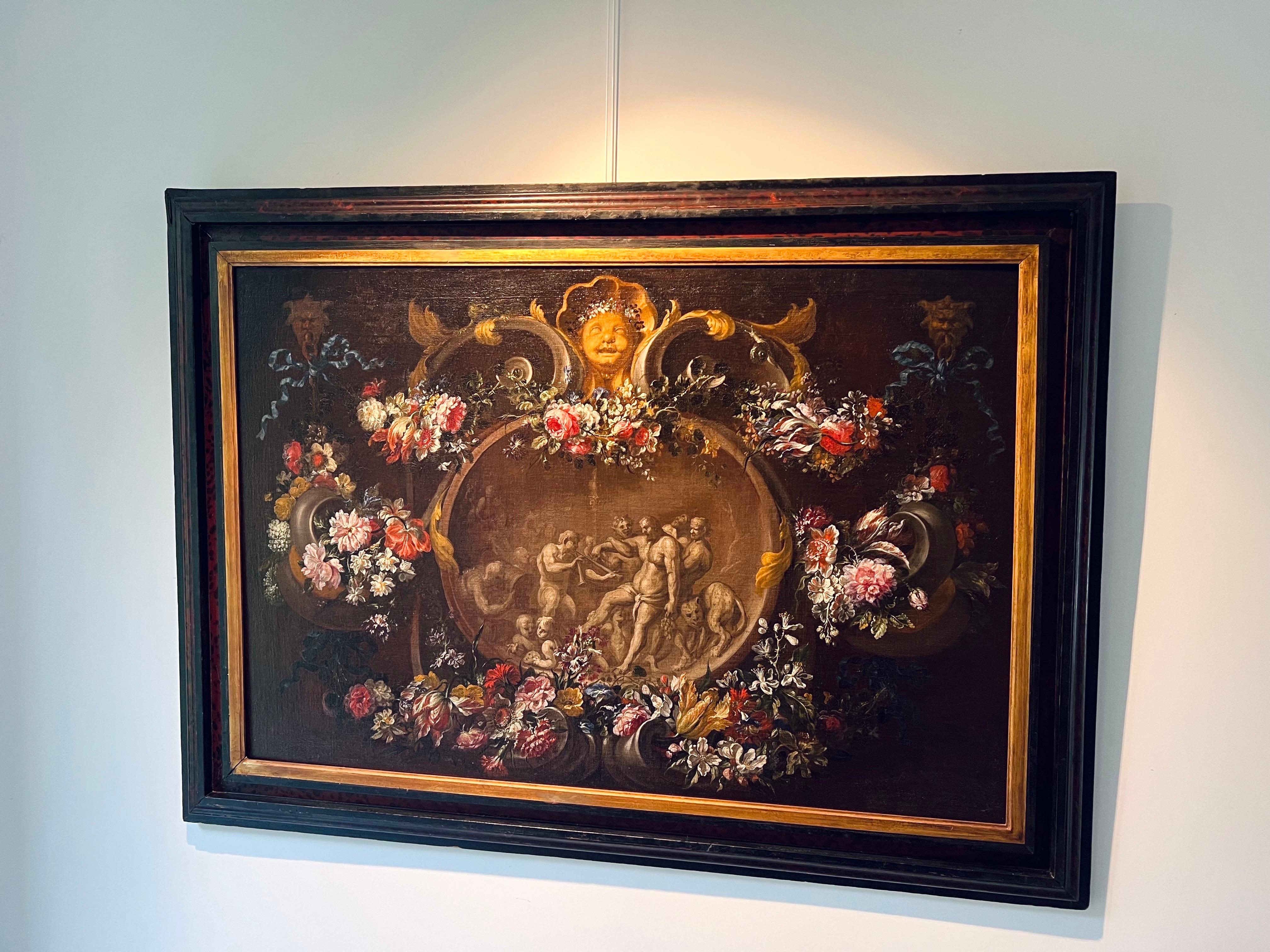 Huge 17th century Flemish still-life with flowers and a Bacchus celebration 10