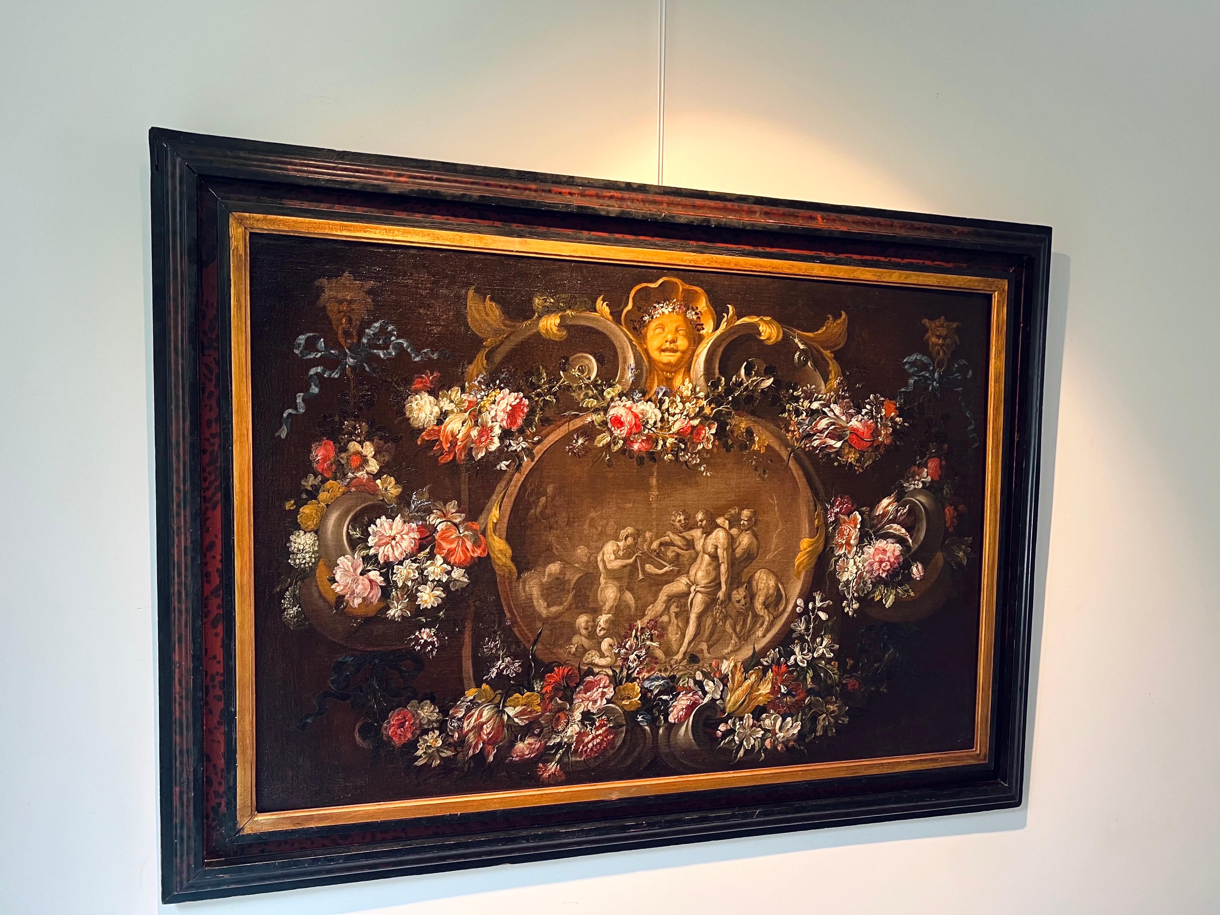 Huge 17th century Flemish still-life with flowers and a Bacchus celebration 11